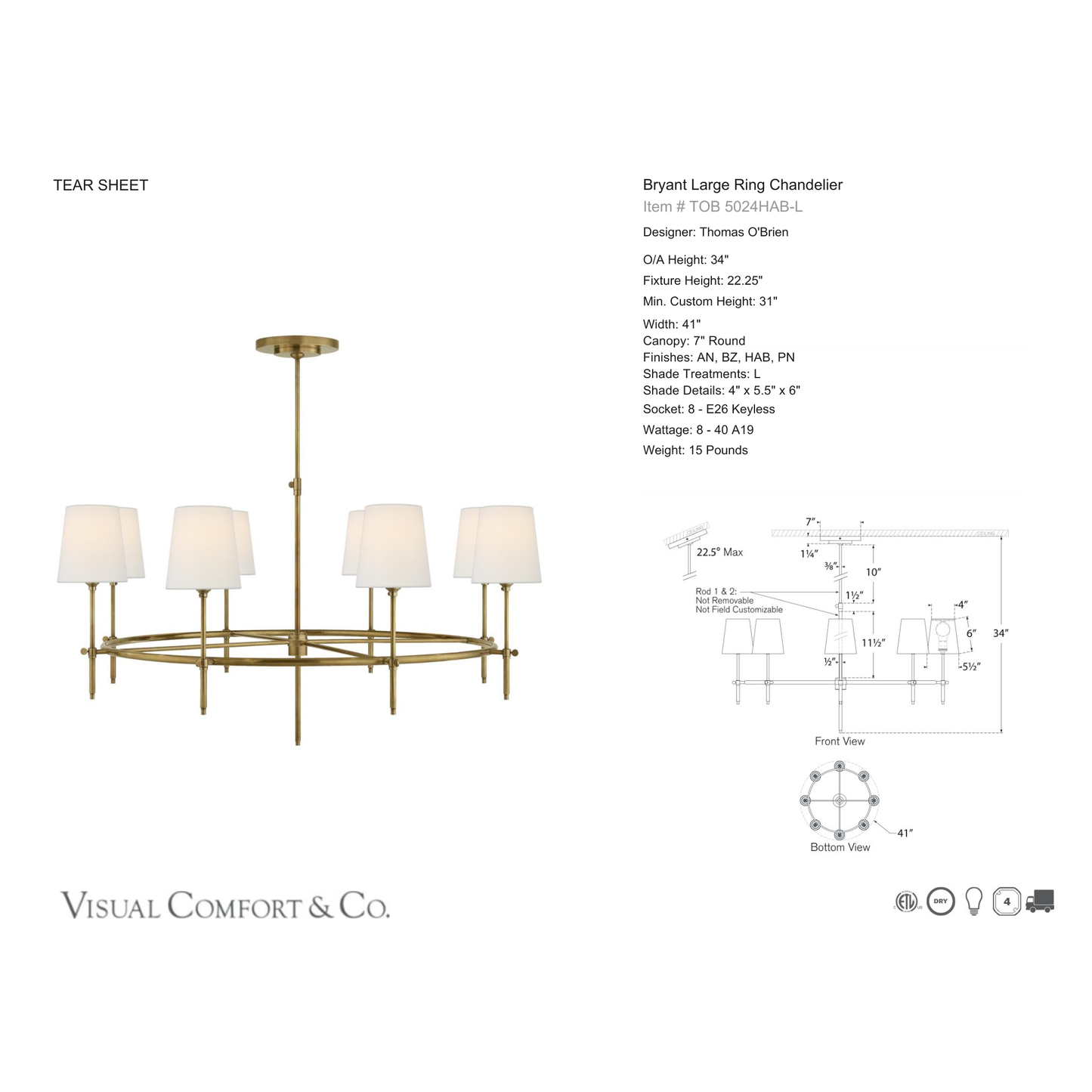 Thomas O'Brien Bryant Large Ring Chandelier - Brass Pendant Light Bloomingdales Lighting