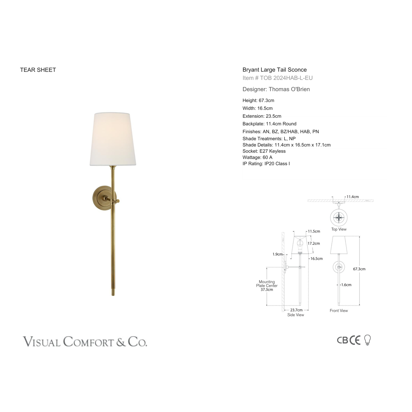 Thomas O'Brien Bryant Large Tail Wall Sconce - Brass Wall Light Bloomingdales Lighting