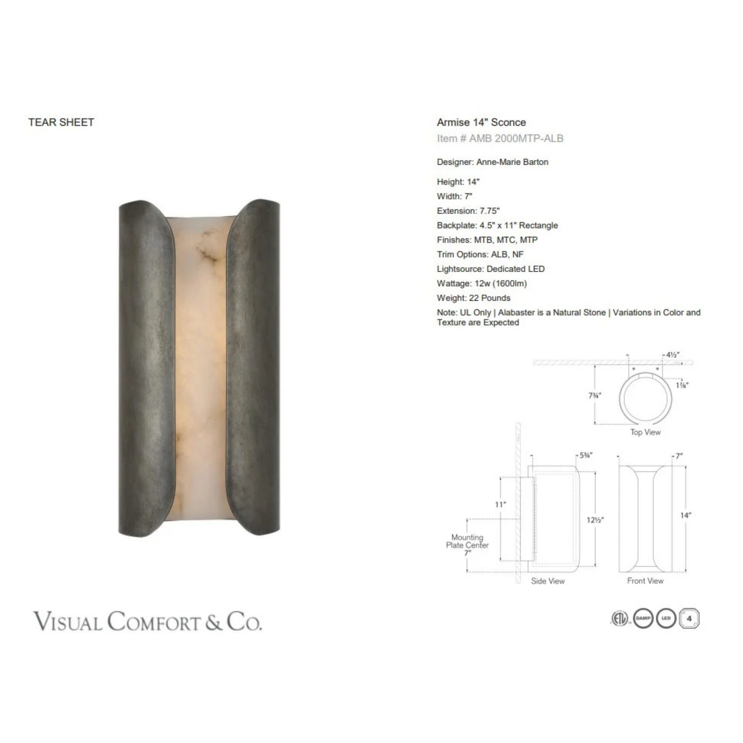 Anne-Marie Barton Armise 14" Alabaster Wall Sconce Wall Light Bloomingdales Lighting