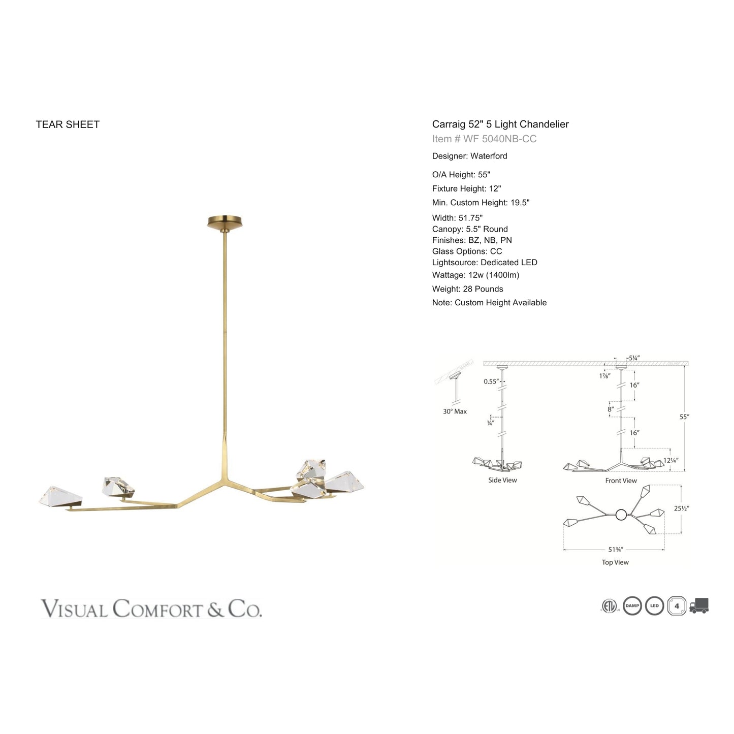 Waterford Carraig 53" 5 Light Crystal Chandelier - Natural Brass Chandelier Bloomingdales Lighting