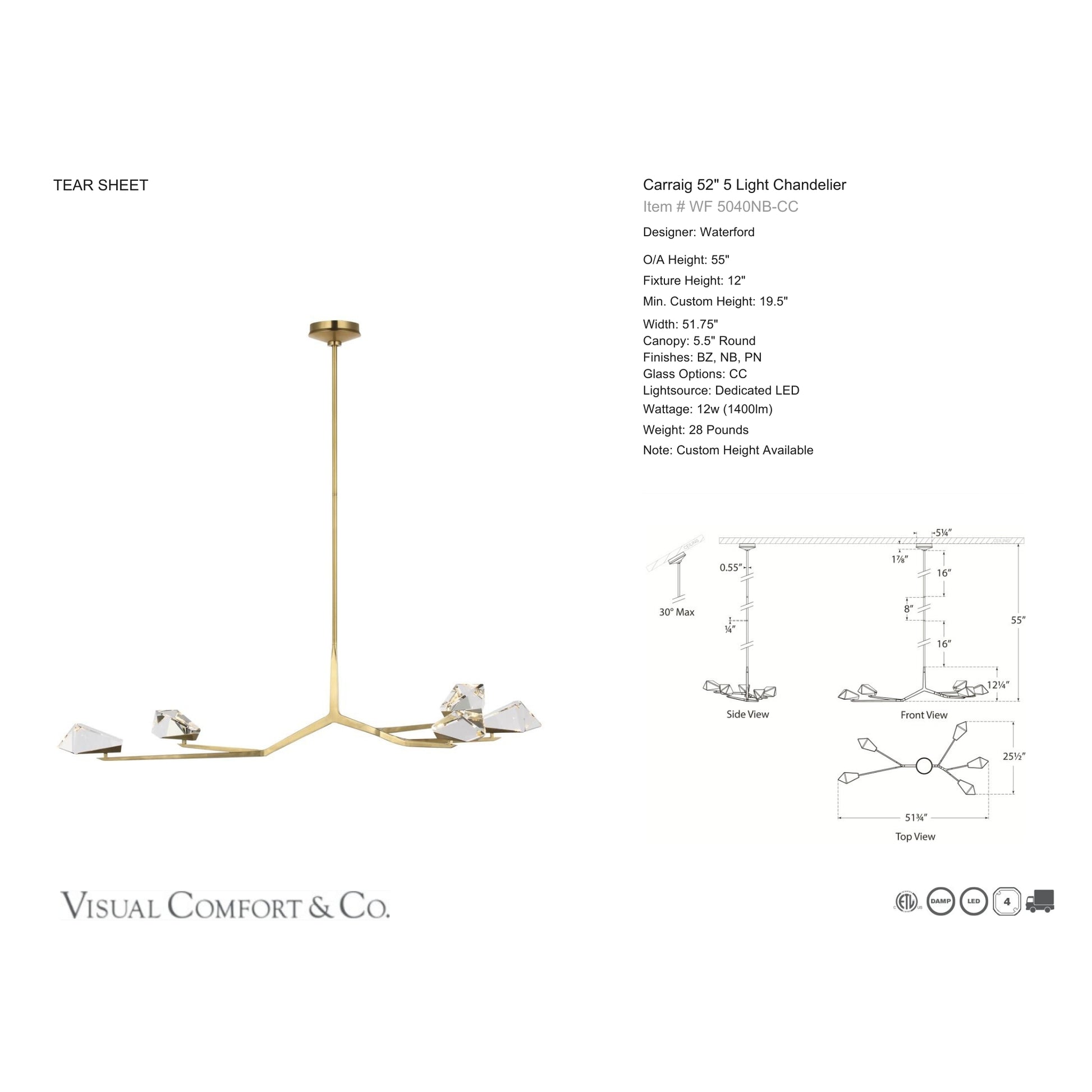 Waterford Carraig 53" 5 Light Crystal Chandelier - Natural Brass Chandelier Bloomingdales Lighting