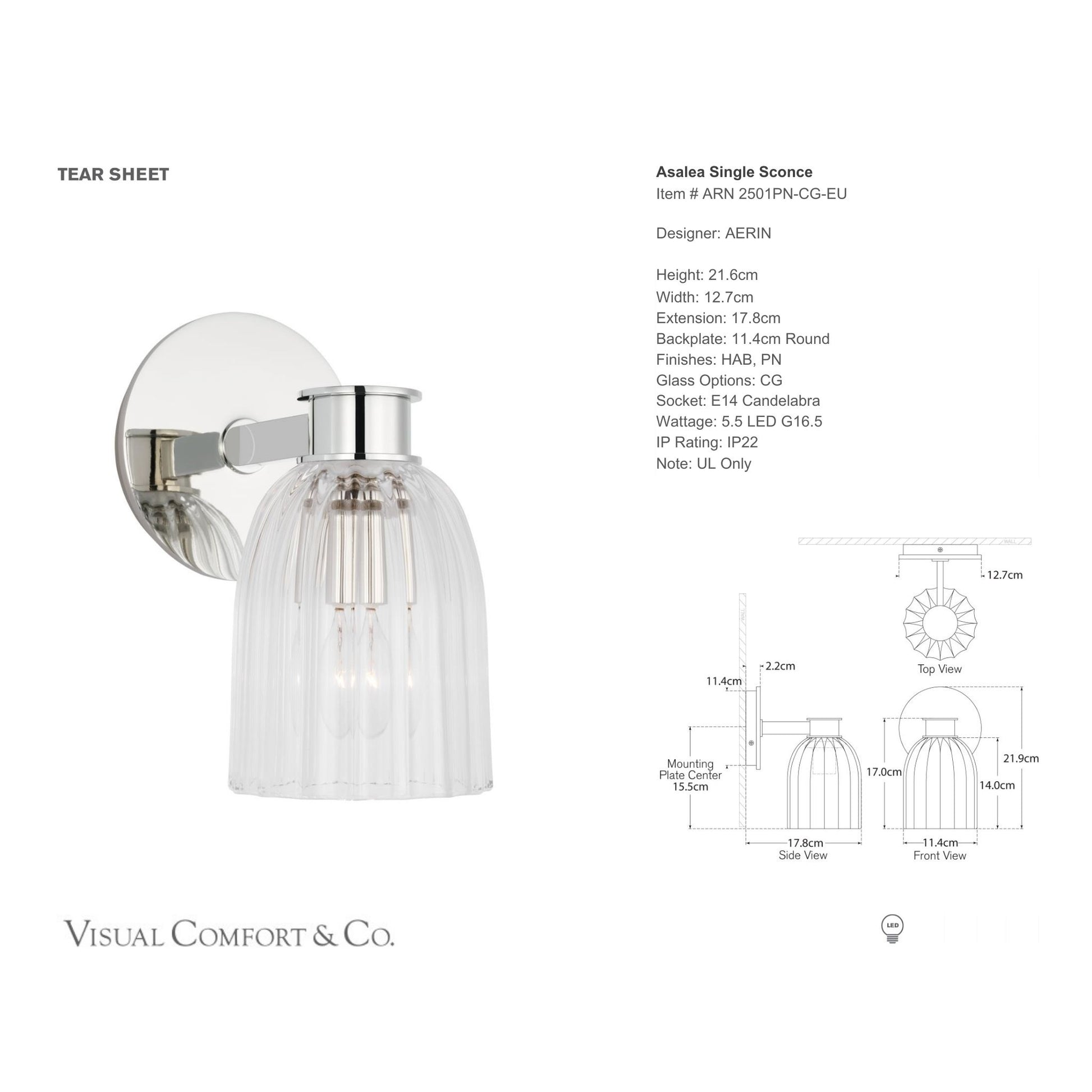 AERIN Asalea Single Glass Wall Sconce - Polished Nickel Wall Light Bloomingdales Lighting