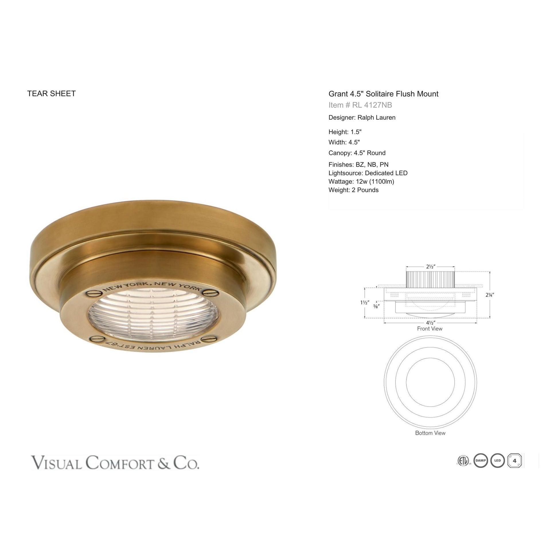 Ralph Lauren Grant 4.5" Solitaire Flush Mount Ceiling Light - Brass Ceiling Fluh Mount Bloomingdales Lighting