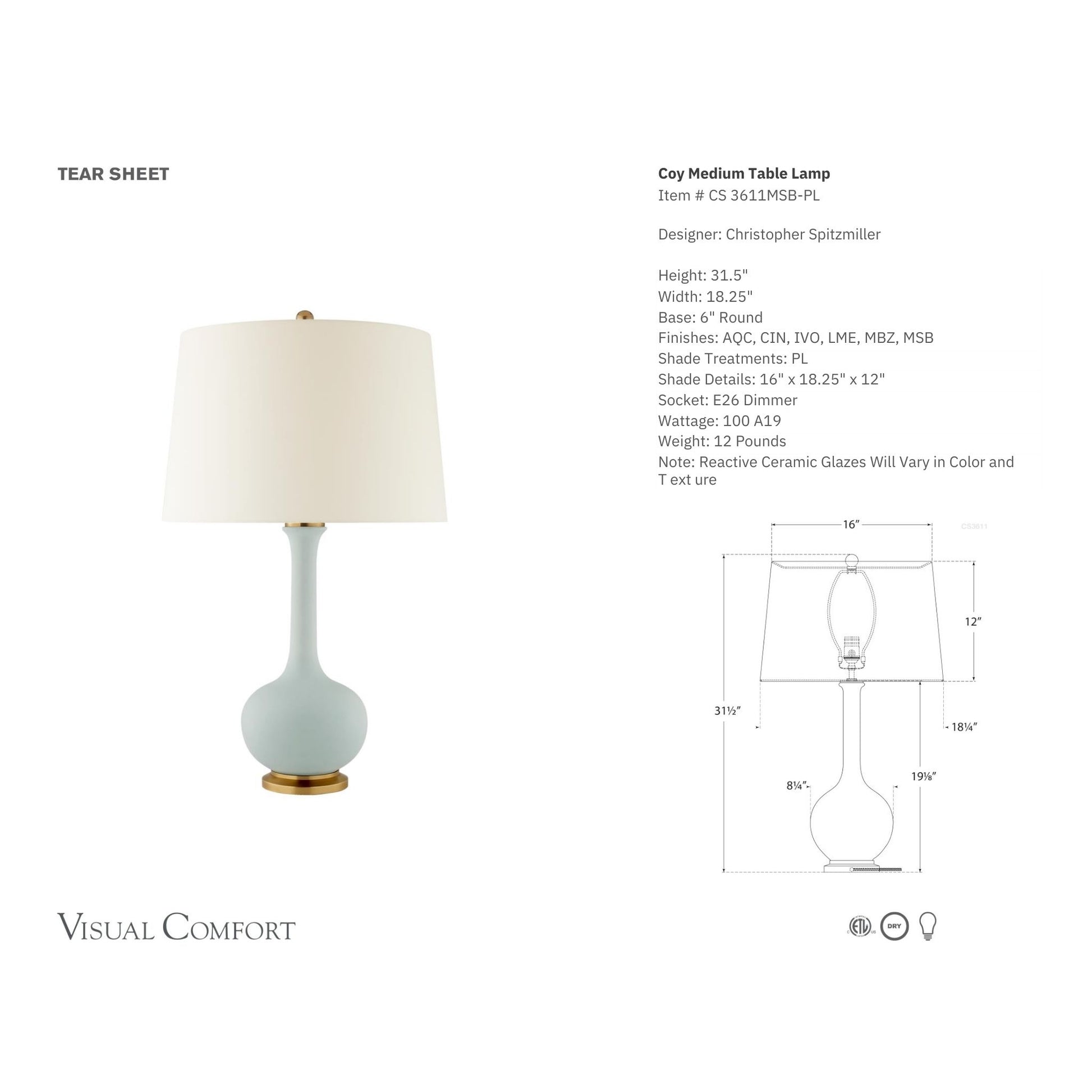 Christopher Spitzmiller Coy Medium Ceramic Table Lamp - Matte Sky Blue Table Lamp Bloomingdales Lighting   
