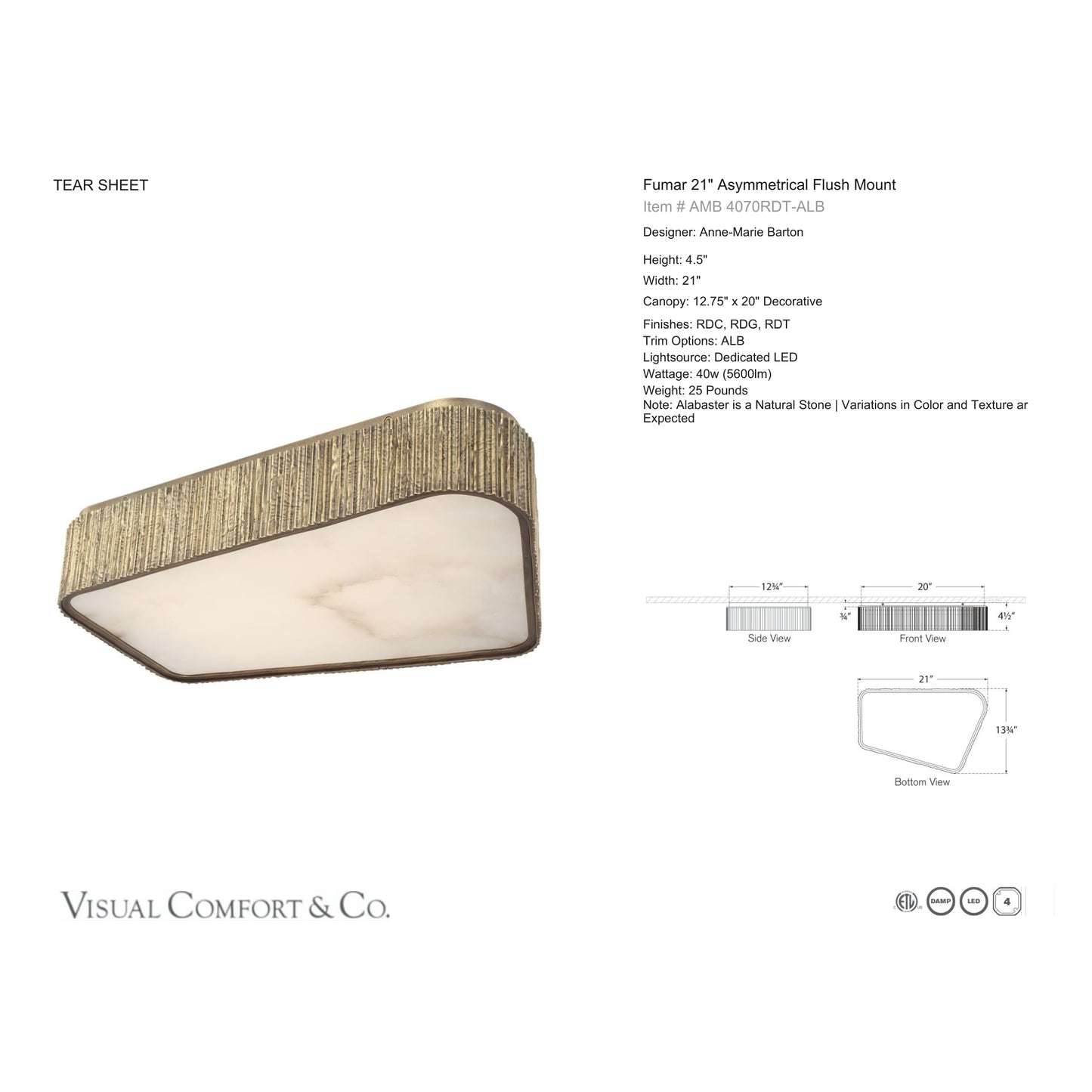 Anne-Marie Barton Fumar 21" Asymmetrical Alabaster Flush Mount Ceiling Fluh Mount Bloomingdales Lighting