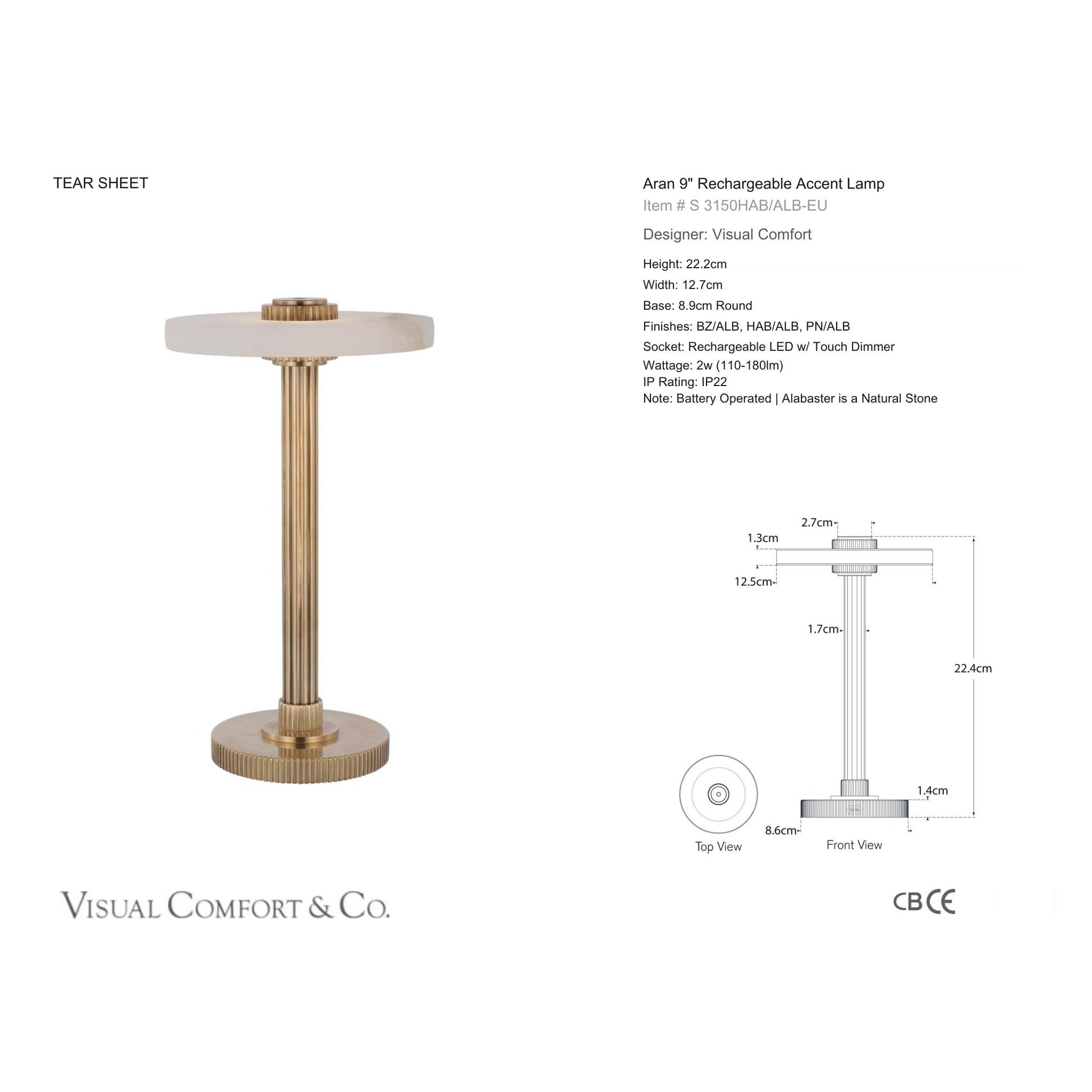 Studio VC Aran 9" Alabaster Rechargeable Accent Table Lamp - Antique Brass Table Lamp Bloomingdales Lighting