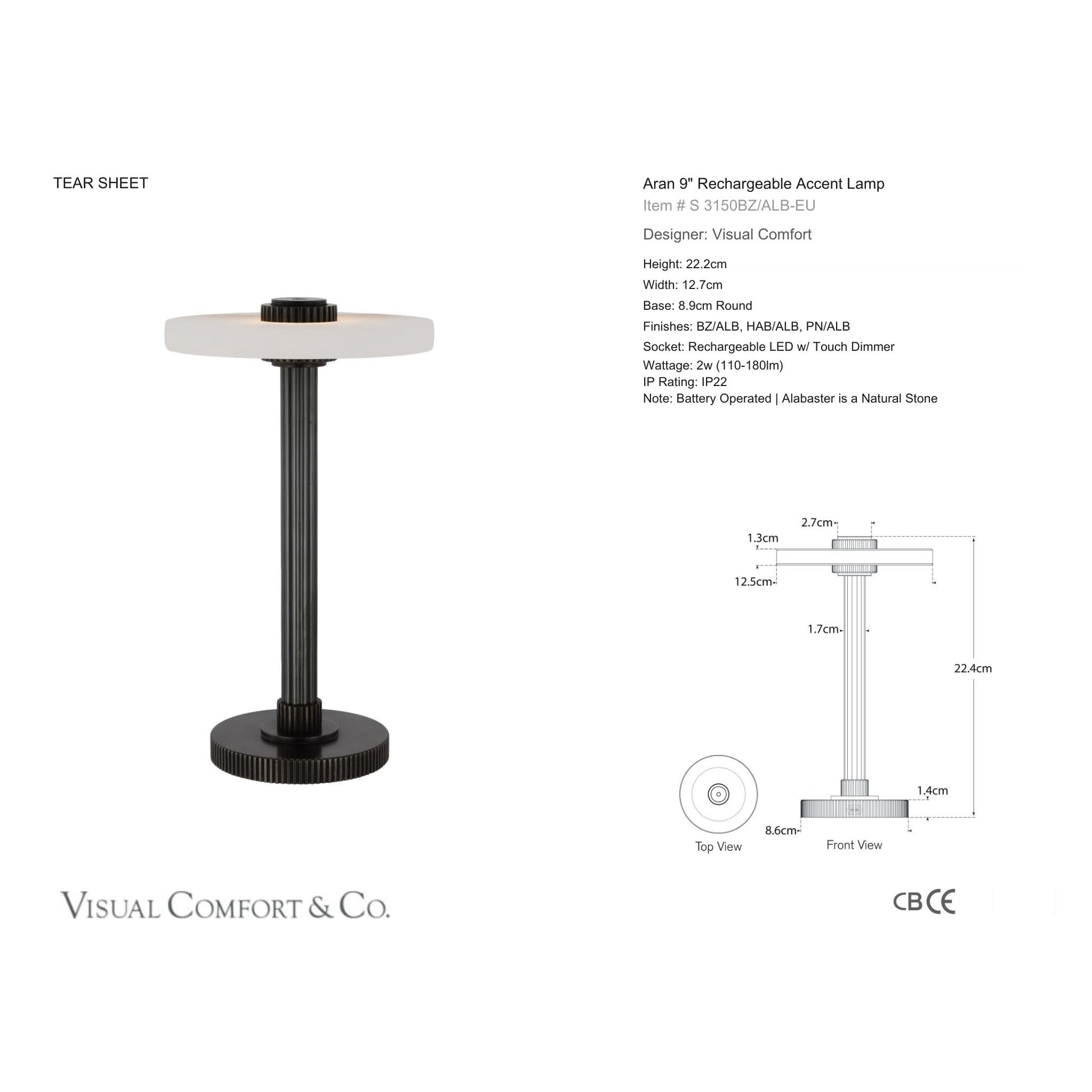 Studio VC Aran 9" Alabaster Rechargeable Accent Table Lamp - Bronze Table Lamp Bloomingdales Lighting
