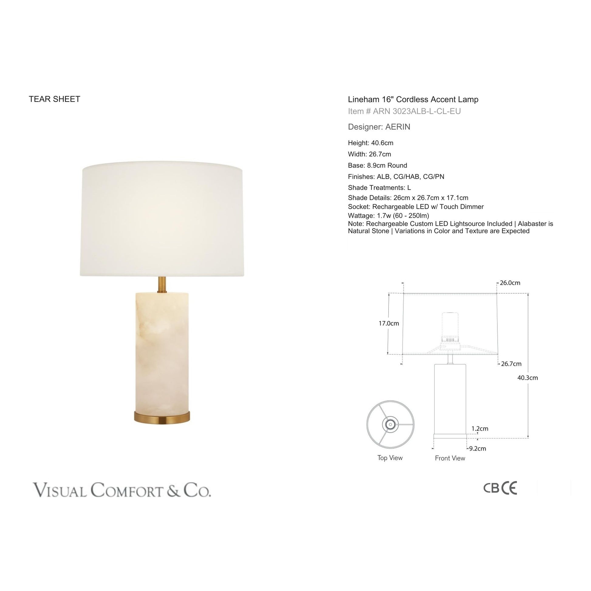 AERIN Lineham 16" Alabaster Cordless Accent Table Lamp - Brass Table Lamp Bloomingdales Lighting