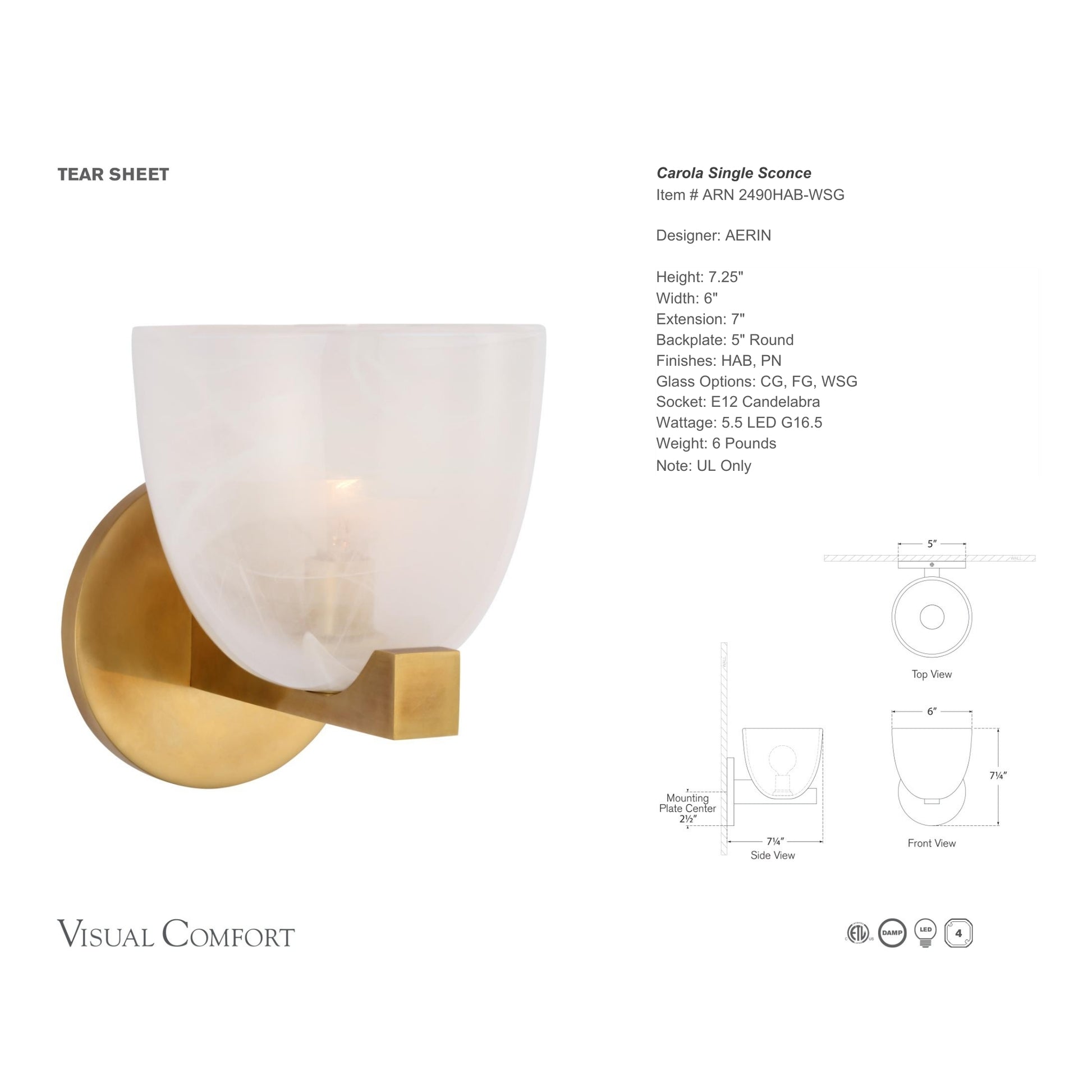 AERIN Carola Single Glass Wall Sconce - Brass Wall Light Bloomingdales Lighting