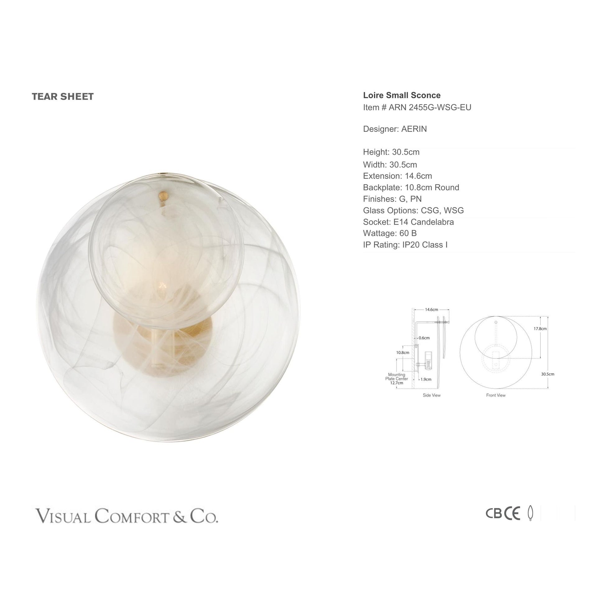 AERIN Loire Small White Strie Glass Wall Sconce - Gild Wall Light Bloomingdales Lighting
