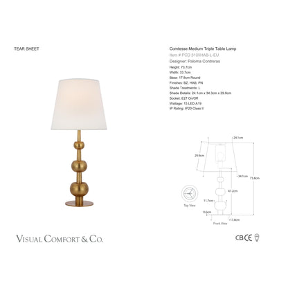 Paloma Contreras Comtesse Medium Triple Table Lamp with Linen Shade - Brass