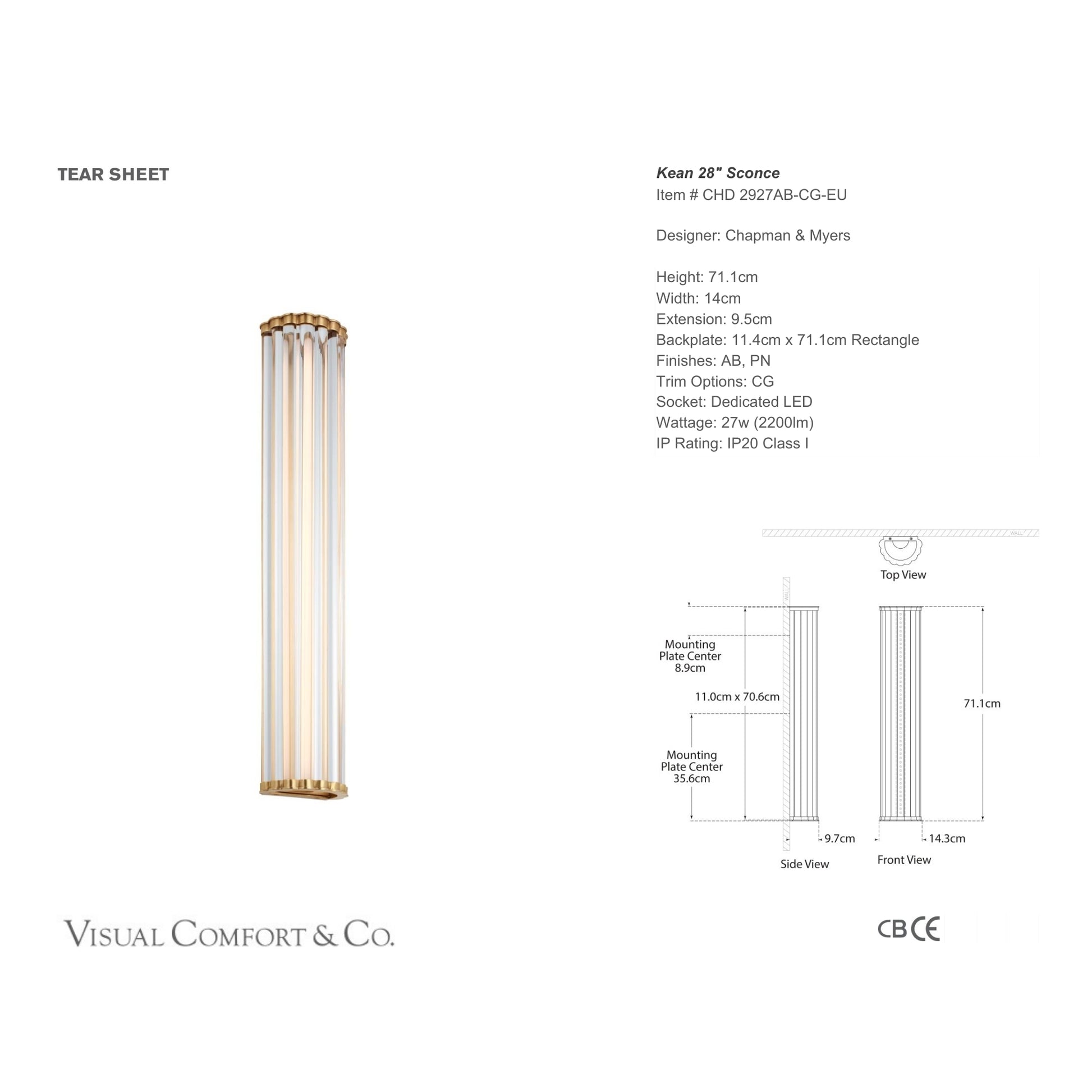 Chapman & Myers Kean 28" Glass Wall Sconce - Antique-Burnished Brass Wall Light Bloomingdales Lighting