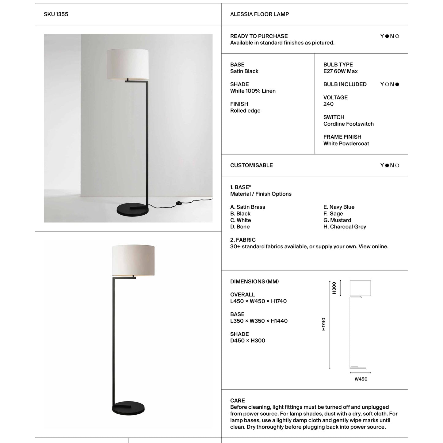 Alessia Linen Shade Floor Lamp - Satin Black Floor Lamp Mayfield Lighting