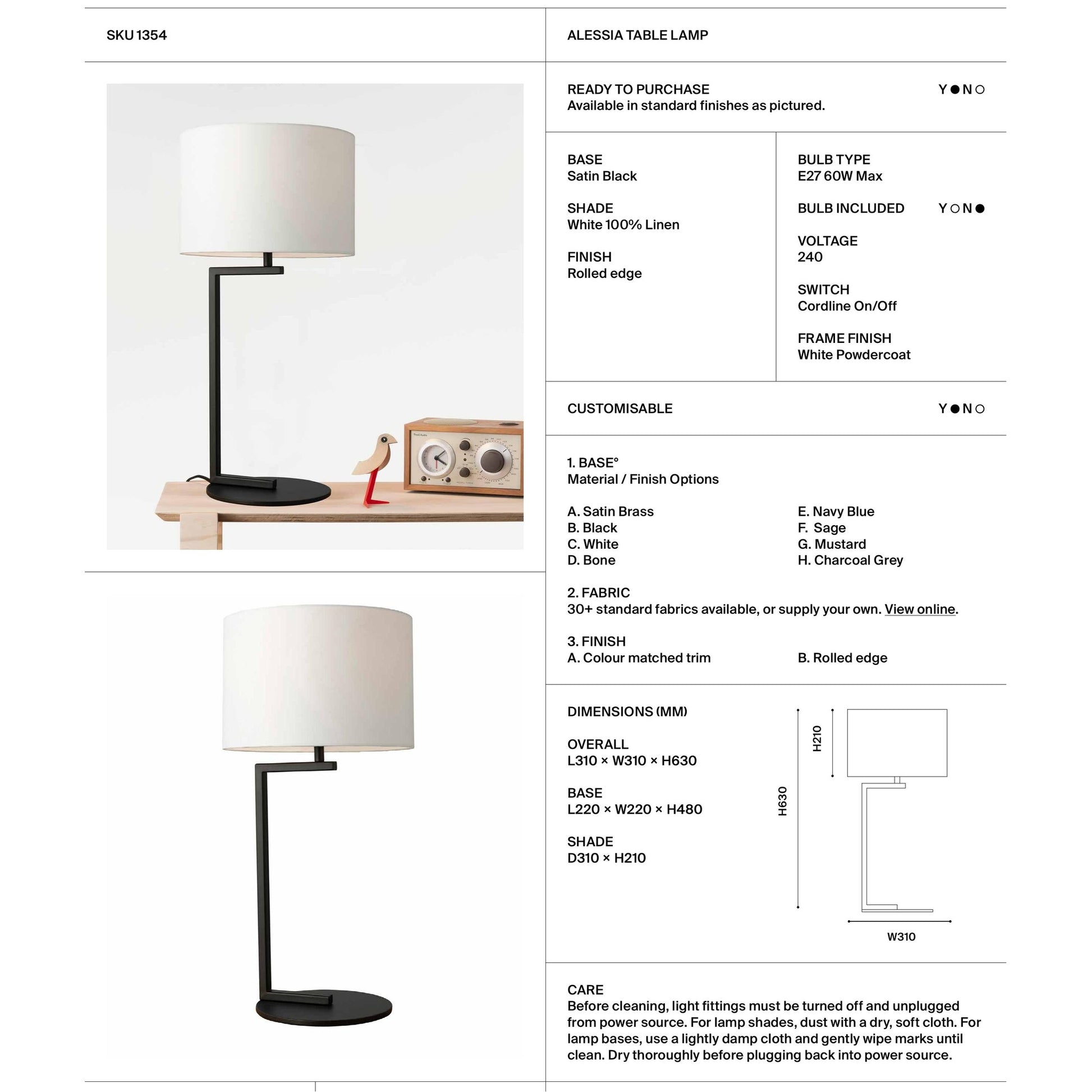 Alessia Cotton Shade Table Lamp - Satin Black Table Lamp Mayfield Lighting