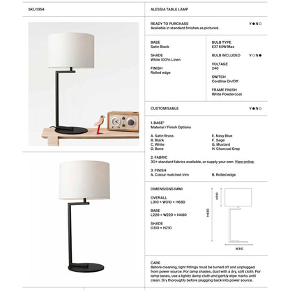 Alessia Cotton Shade Table Lamp - Satin Black Table Lamp Mayfield Lighting