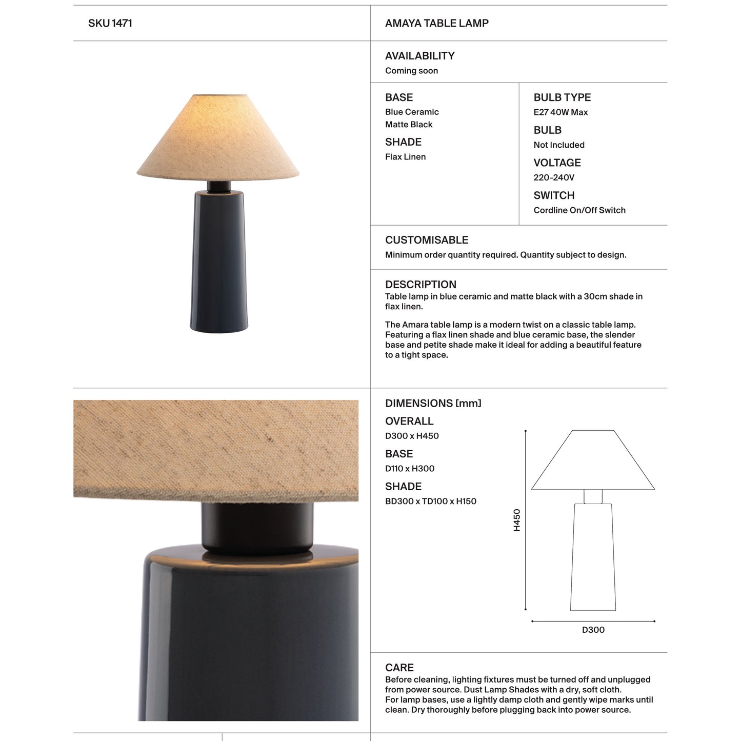 Amaya Ceramic Table Lamp - Navy Blue Table Lamp Mayfield Lighting