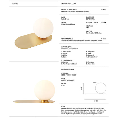 Anders Frosted Glass Desk Lamp - Satin Brass Desk Lamp Mayfield Lighting