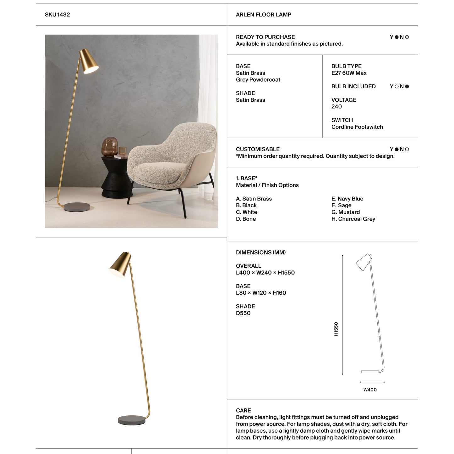 Arlen Adjustable Shade Floor Lamp - Satin Brass Floor Lamp Mayfield Lighting