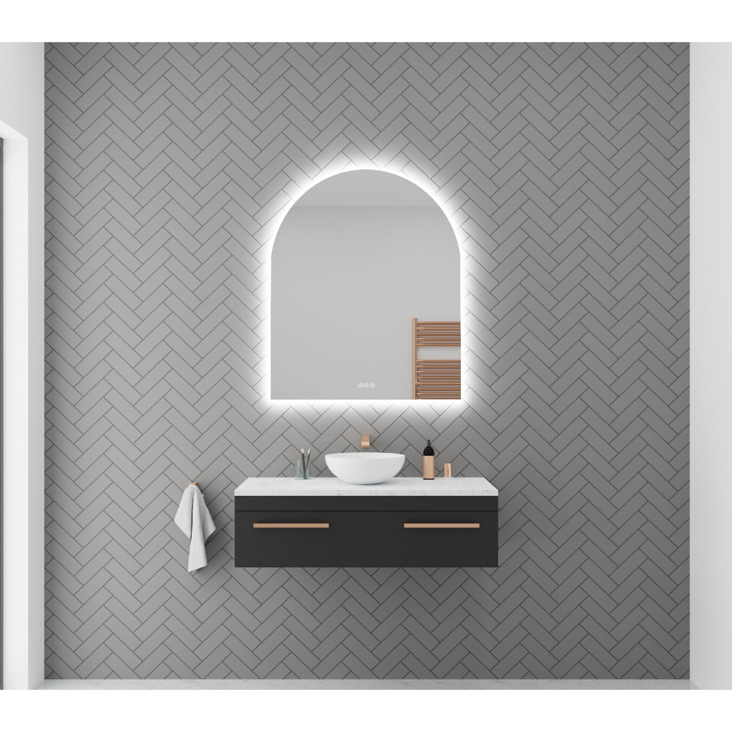 Aura Frameless Arch LED Bathroom Mirror Mirror Lumixe 850 x 800mm Bluetooth