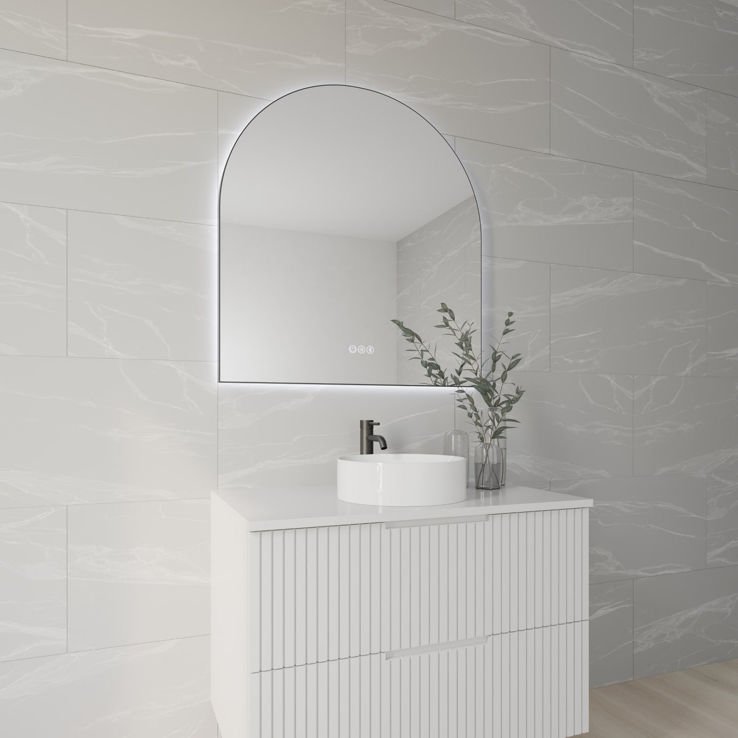 Aura Framed Arch LED Bathroom Mirror Mirror Lumixe 900 x 550mm Black Bluetooth