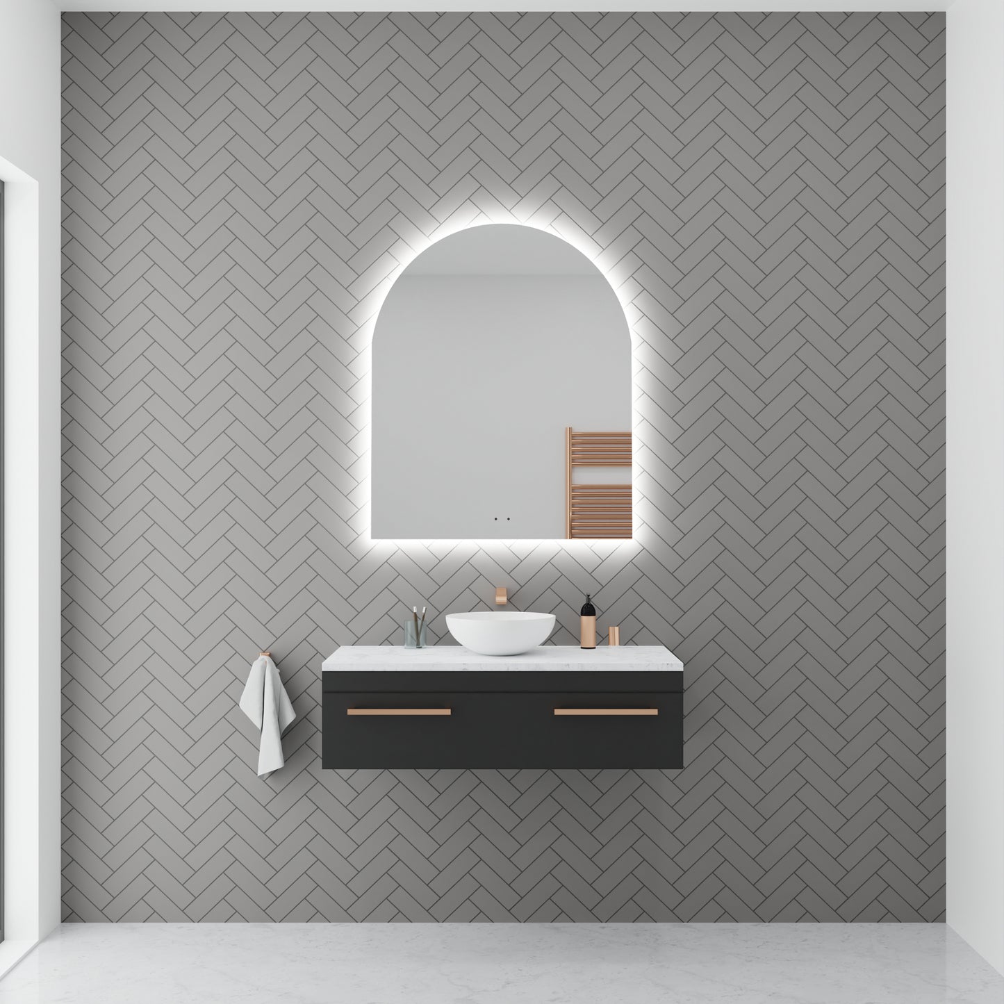 Aura Frameless Arch LED Bathroom Mirror Mirror Lumixe 850 x 800mm Wave Sensored