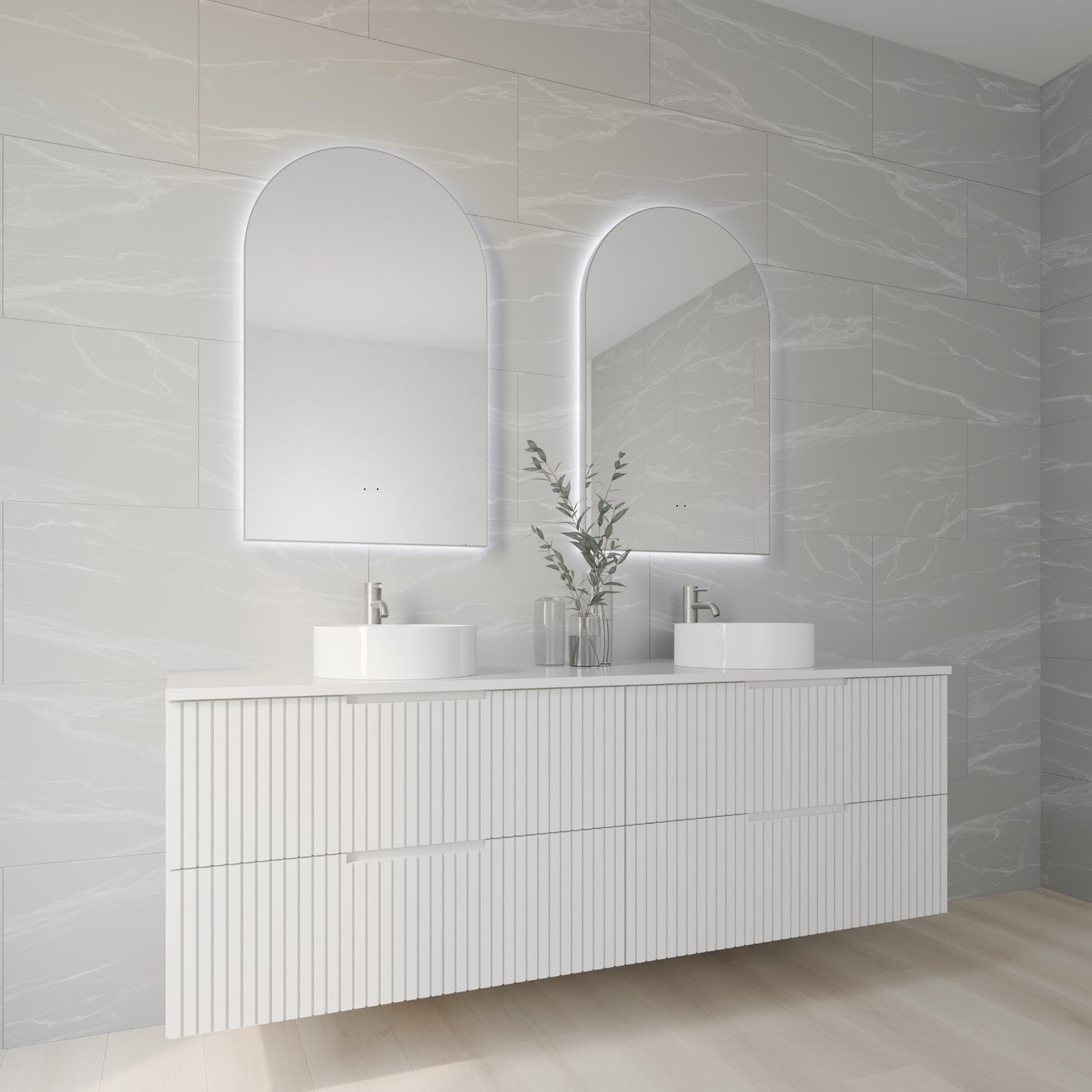 Aura Framed Arch LED Bathroom Mirror Mirror Lumixe 900 x 550mm Brushed Nickel Wave Sensored