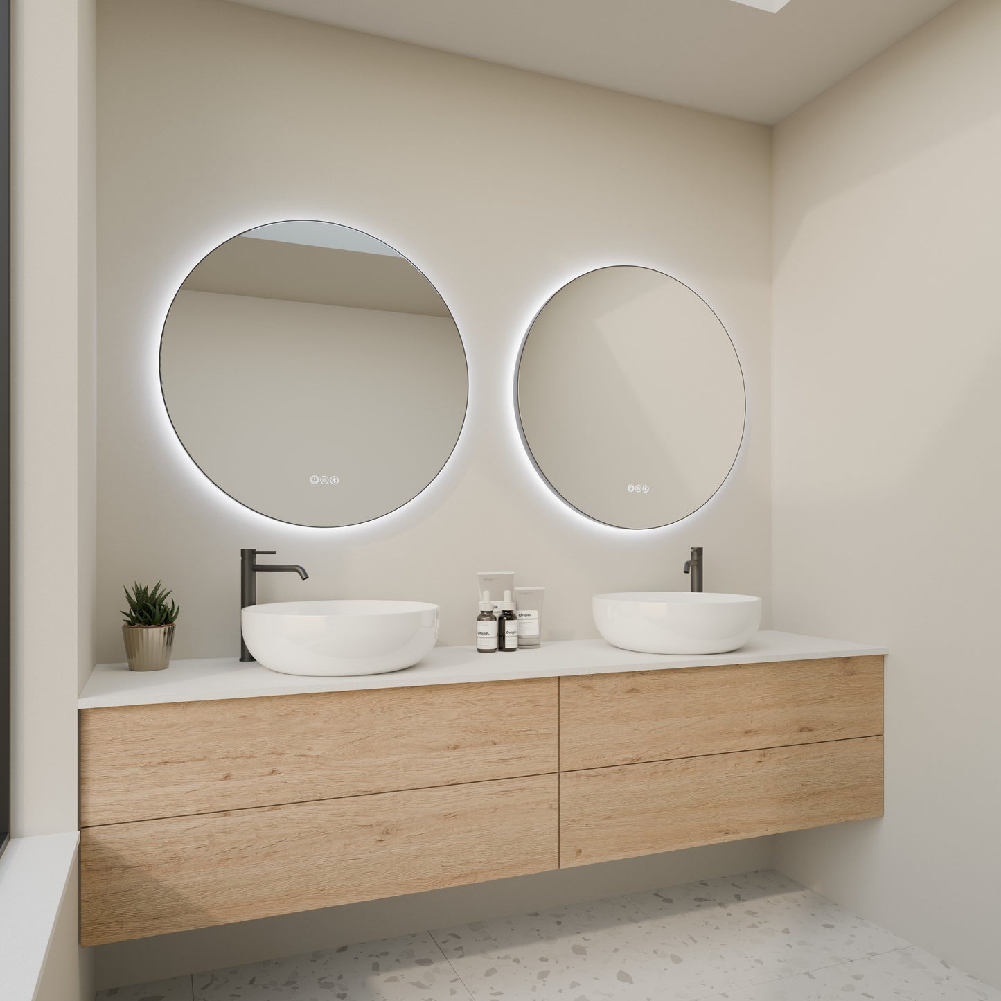 Circo Framed Round LED Bathroom Mirror Mirror Lumixe 700mm Gunmetal Bluetooth