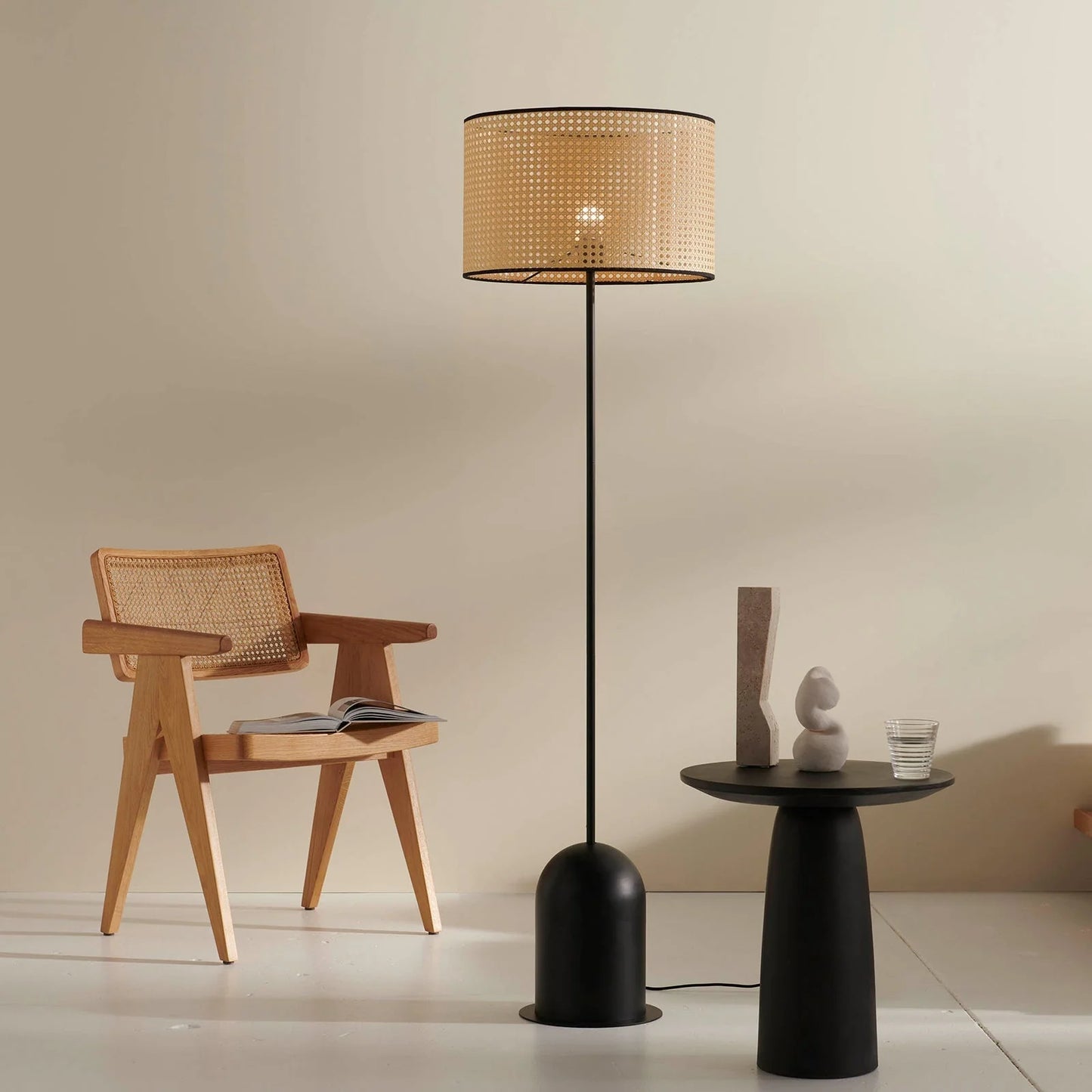 Kimi Open Weave Rattan Floor Lamp - Satin Black Floor Lamp Mayfield Lighting