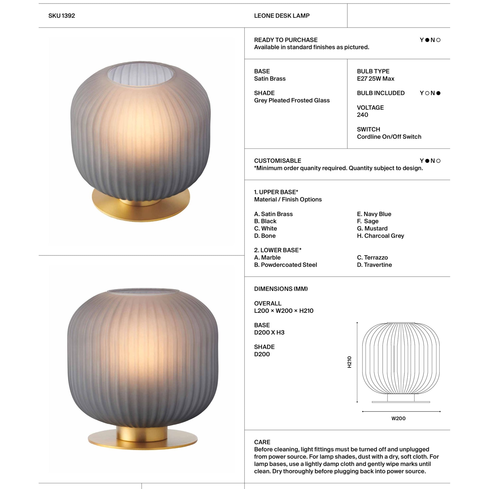 Leone Frosted Glass Desk Lamp - Grey Desk Lamp Mayfield Lighting