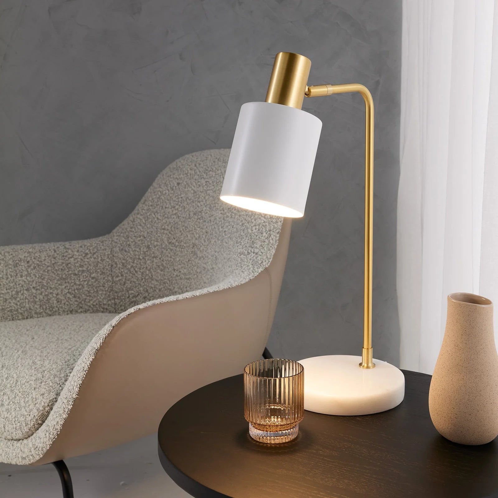 Mahala Adjustable White Marble Desk Lamp - Satin Brass Desk Lamp Mayfield Lighting