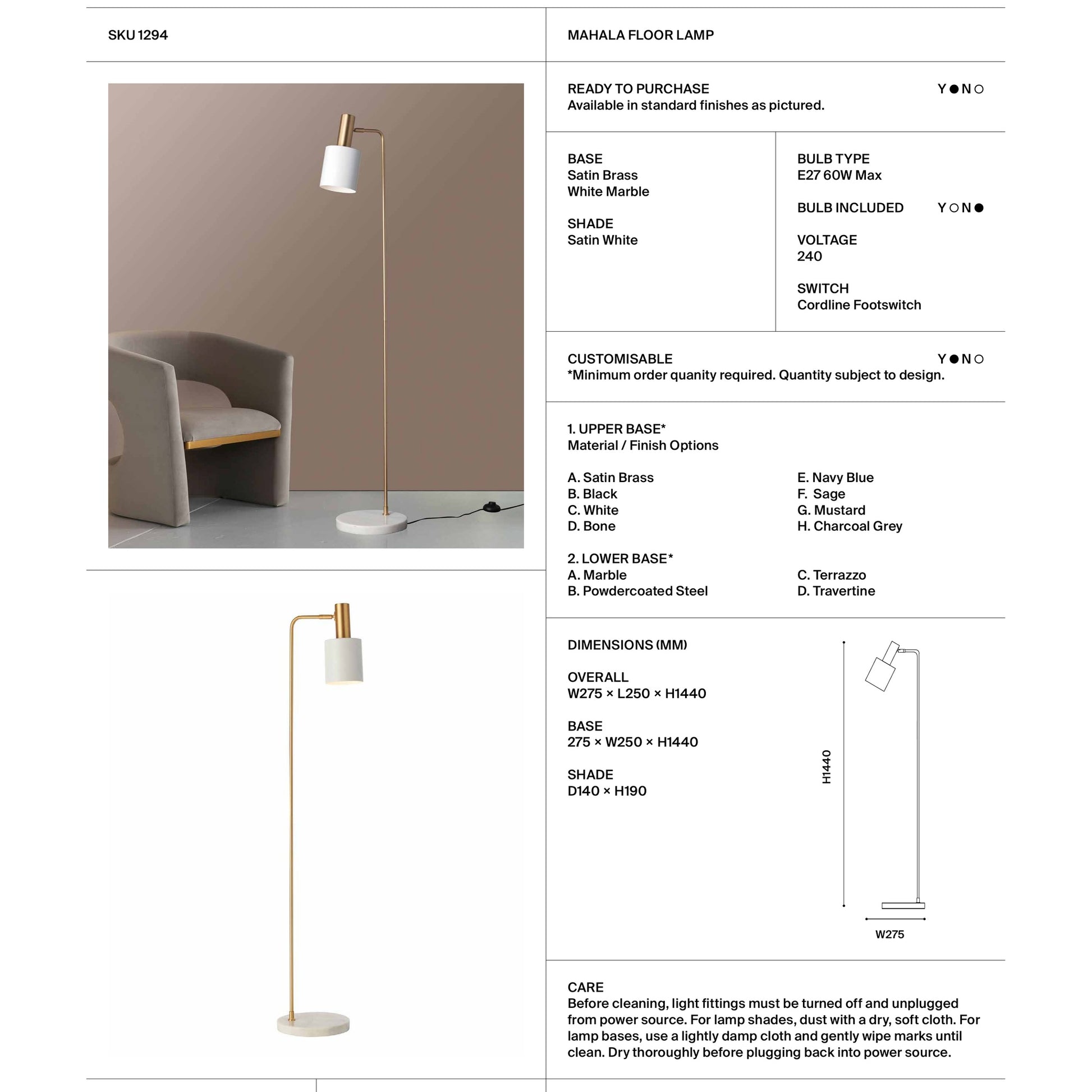 Mahala White Marble Floor Lamp - Satin Brass Floor Lamp Mayfield Lighting