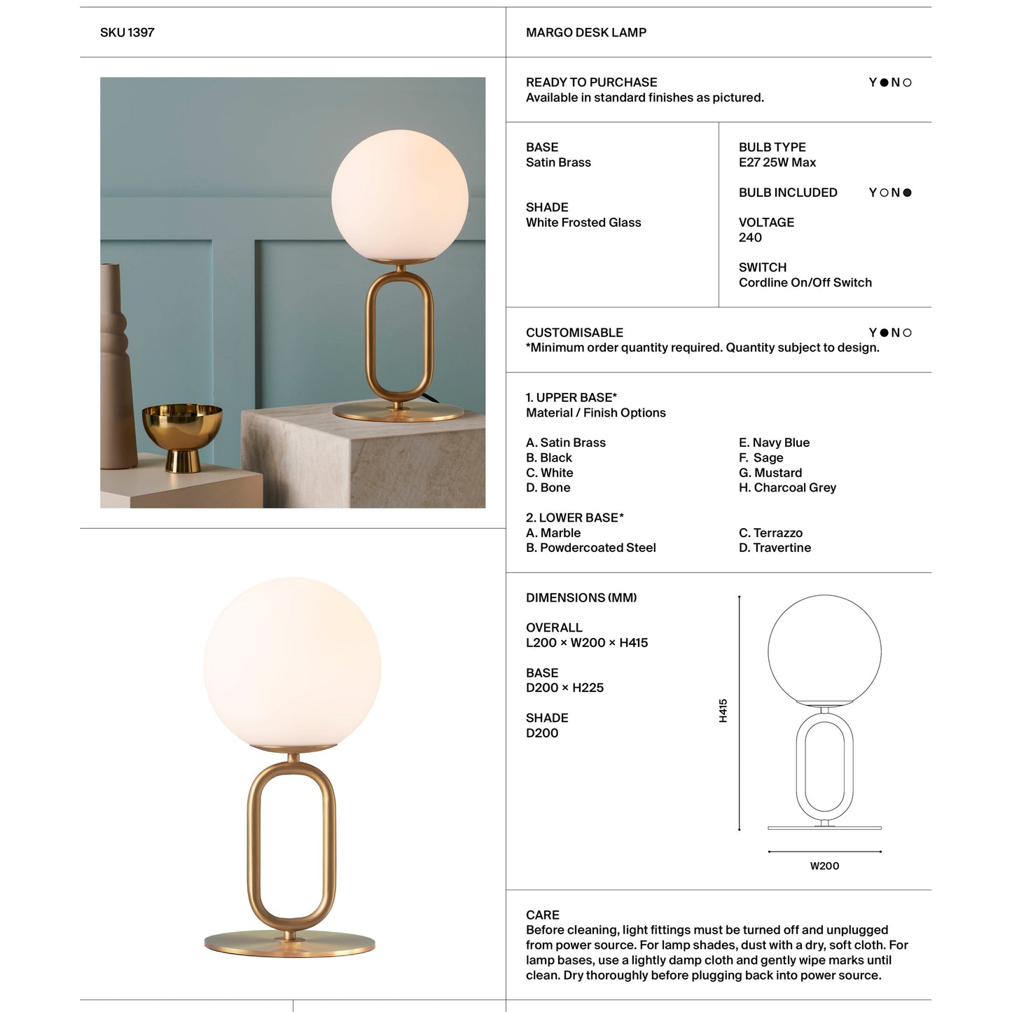Margot Frosted Glass Desk Lamp - Satin Brass Desk Lamp Mayfield Lighting