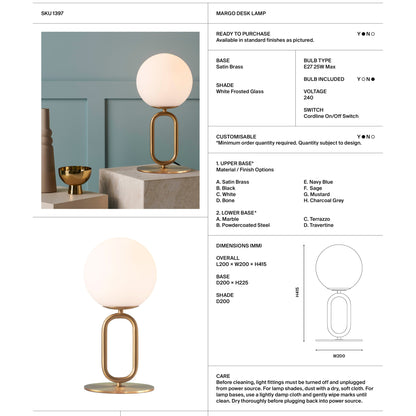 Margot Frosted Glass Desk Lamp - Satin Brass Desk Lamp Mayfield Lighting