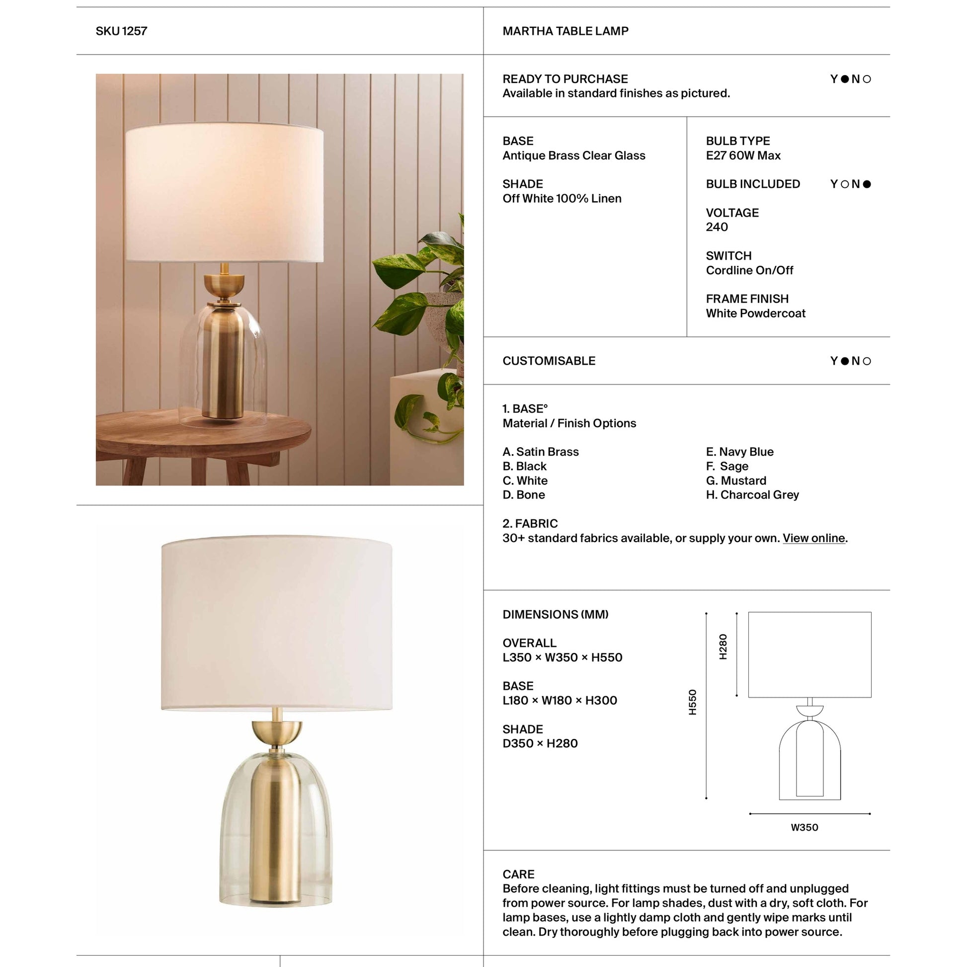 Martha Outer Glass Table Lamp - Brass Table Lamp Mayfield Lighting