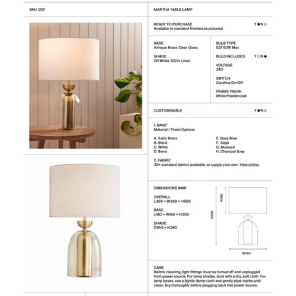 Martha Outer Glass Table Lamp - Brass Table Lamp Mayfield Lighting