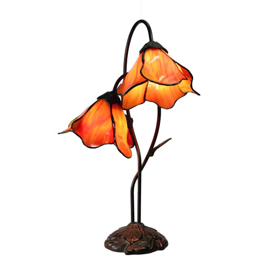 Orange Double Lotus Tiffany Stained Glass Table Lamp Table Lamp G&G Bros Orange