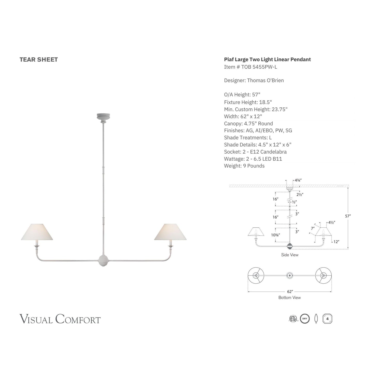 Thomas O'Brien Piaf Large Two-Light Linear Pendant Light - Plaster White Pendant Light Bloomingdales Lighting   