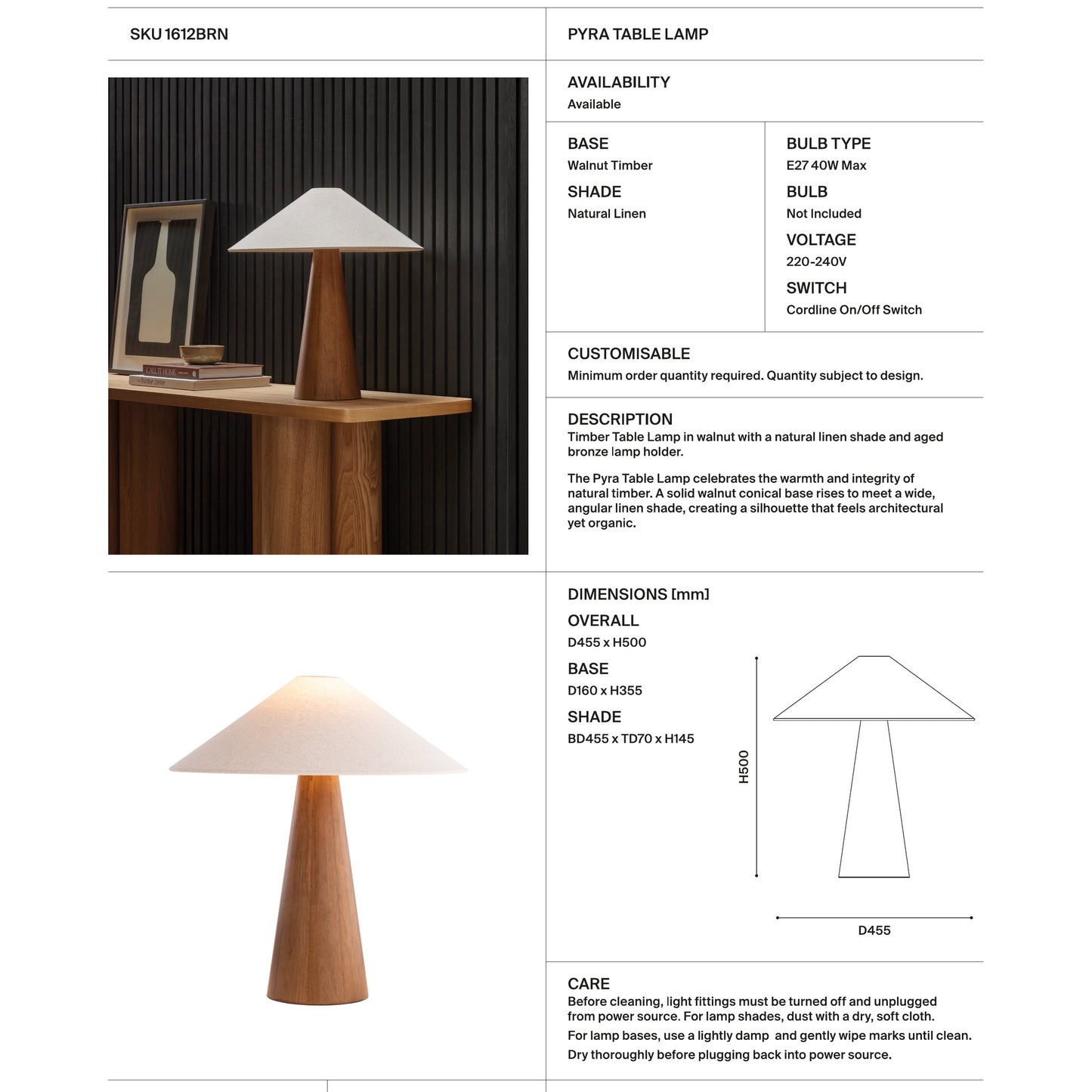 Pyra Walnut & Linen Conical Table Lamp Table Lamp Mayfield Lighting