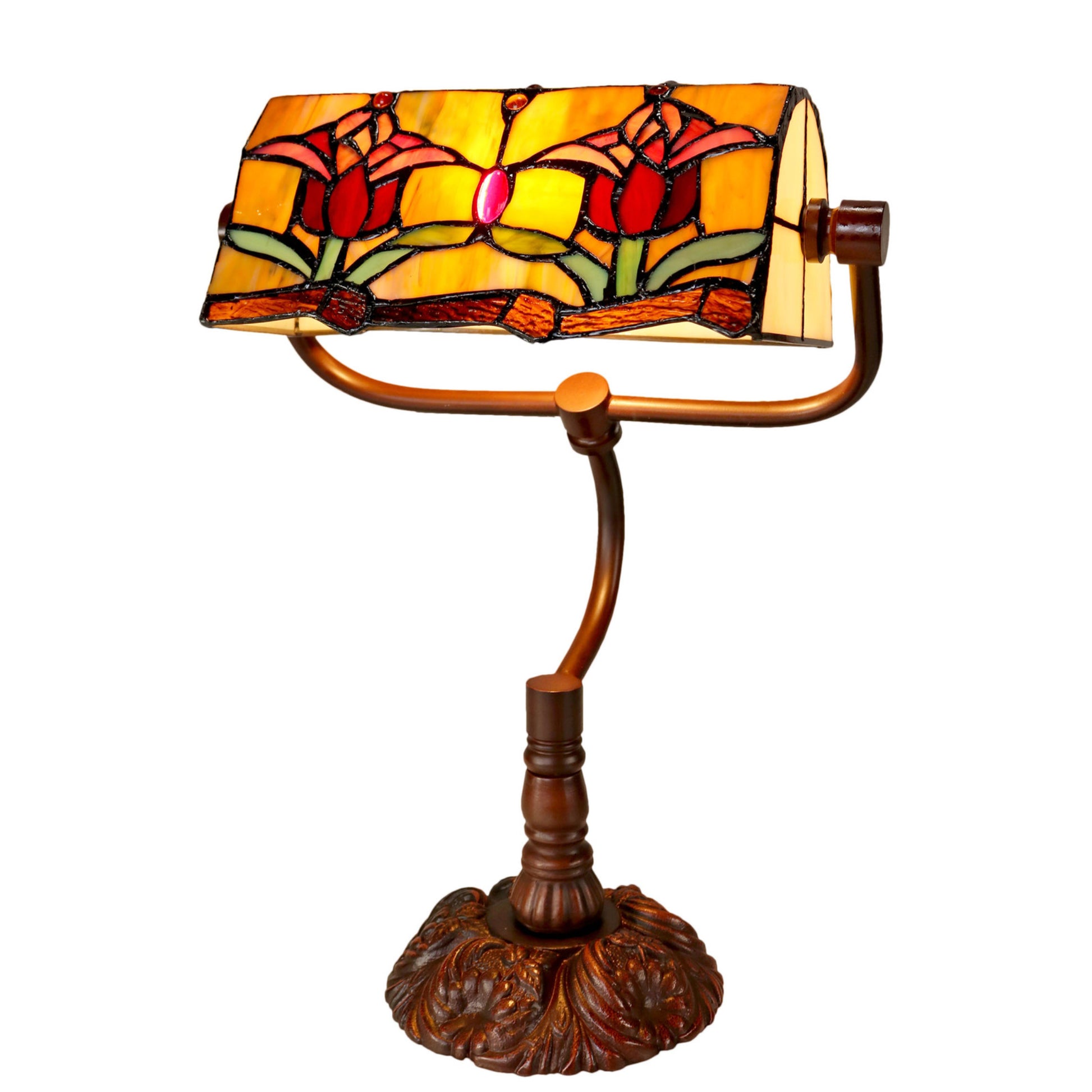 Red Tulip Bankers Stained Glass Table Lamp Table Lamp G&G Bros