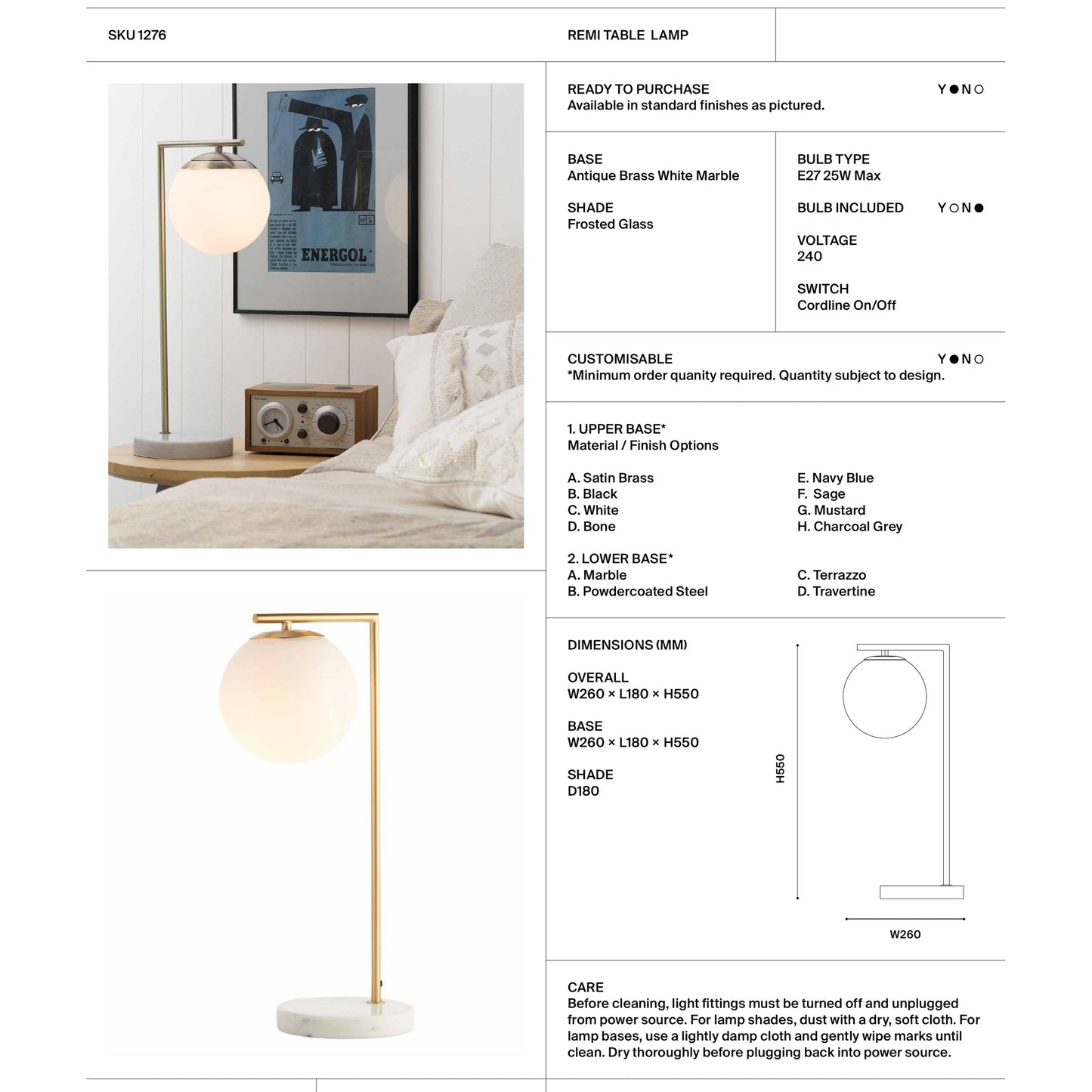 Remi Marble & Glass Table Lamp - Brass Table Lamp Mayfield Lighting
