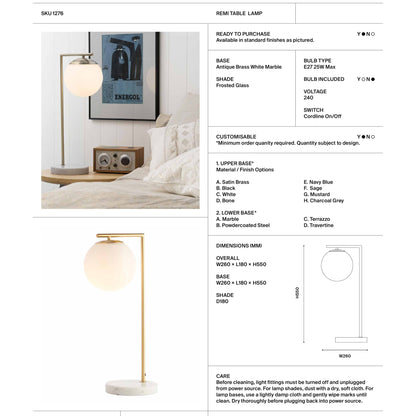Remi Marble & Glass Table Lamp - Brass Table Lamp Mayfield Lighting