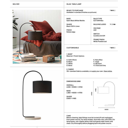 Silas White Marble Table Lamp - Satin Black Table Lamp Mayfield Lighting