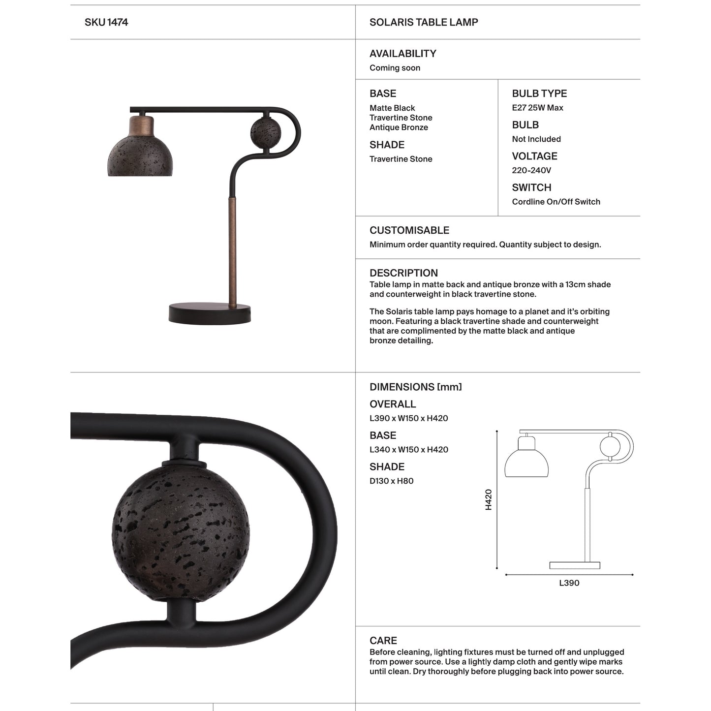 Solaris Travertine Table Lamp - Black & Bronze Table Lamp Mayfield Lighting