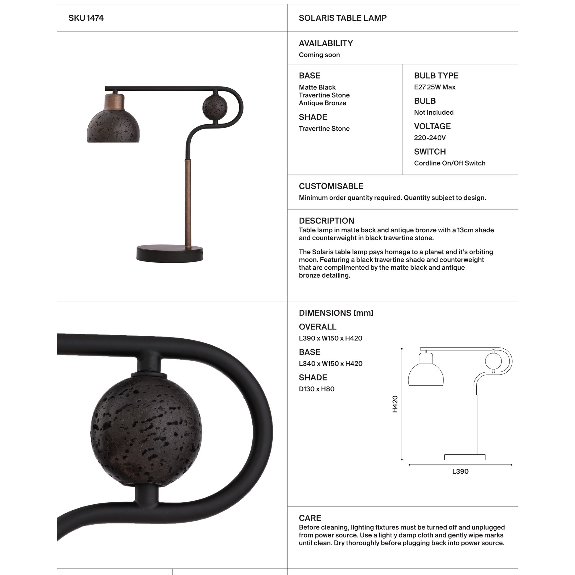 Solaris Travertine Table Lamp - Black & Bronze Table Lamp Mayfield Lighting