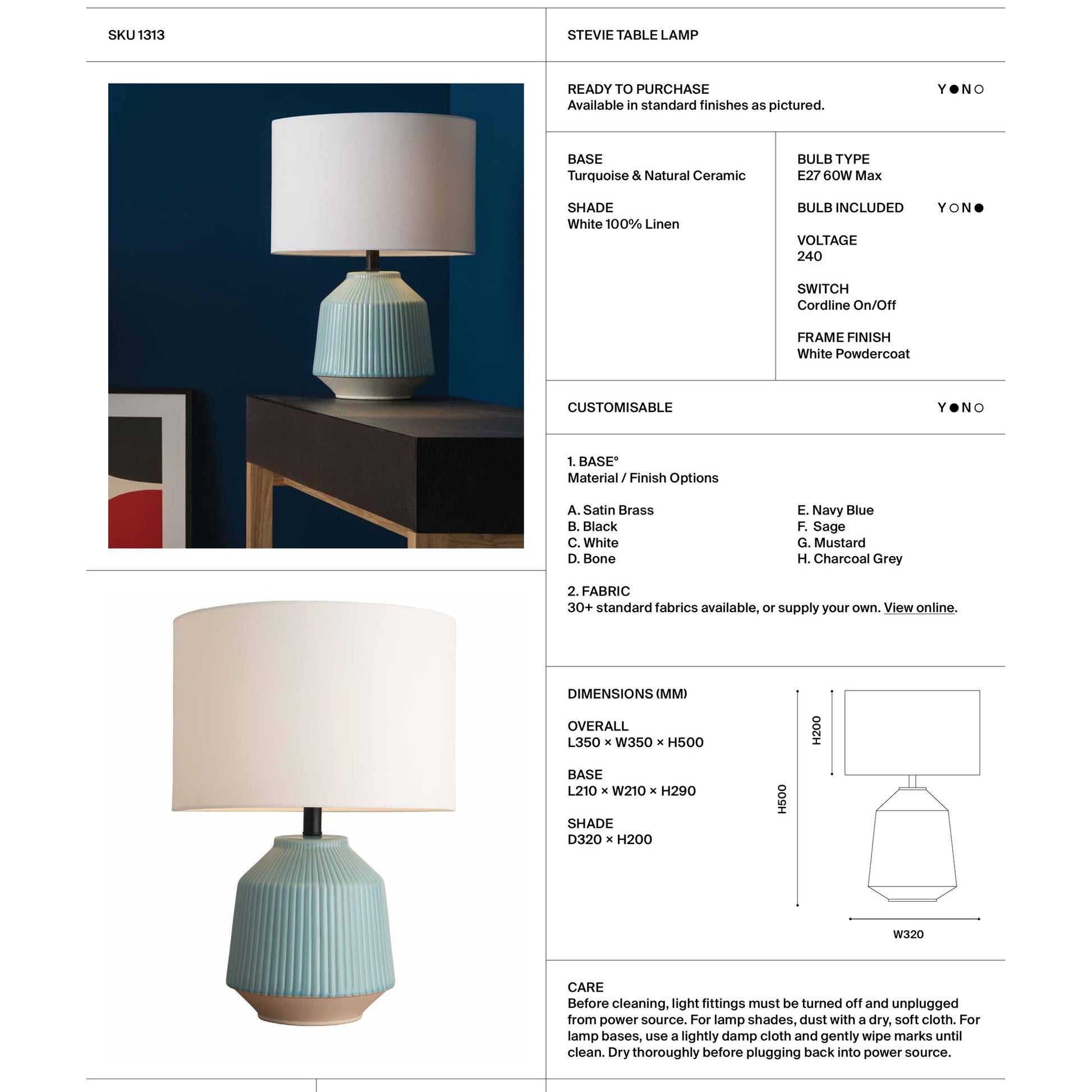 Stevie Ceramic Table Lamp - Aqua Table Lamp Mayfield Lighting