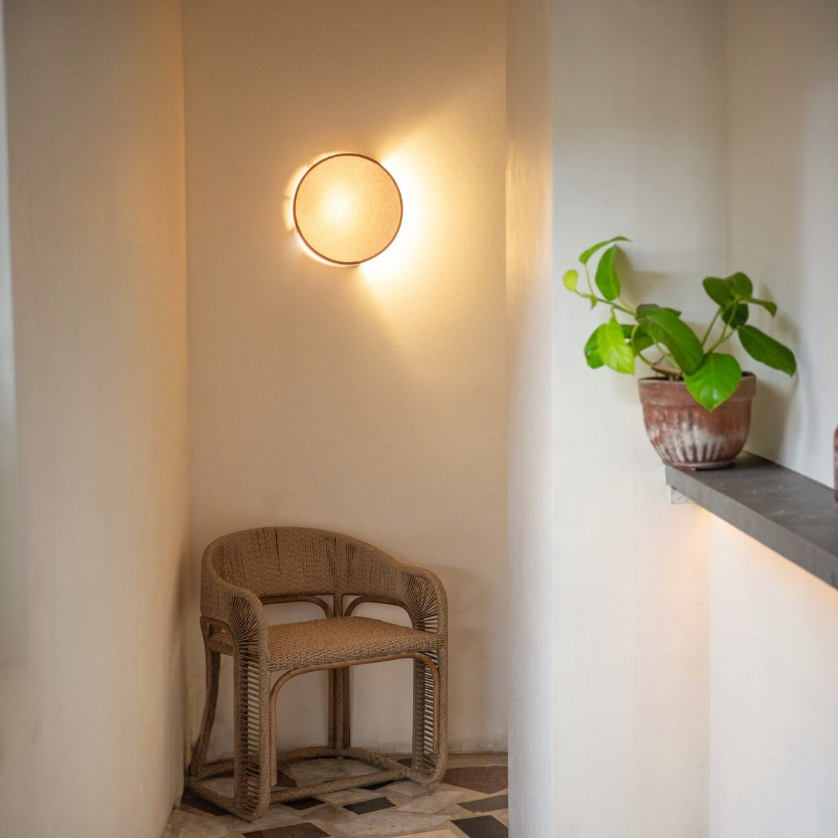 Trieste Circular Linen Wall Sconce - Tan Leather Wall Light Gypset Cargo