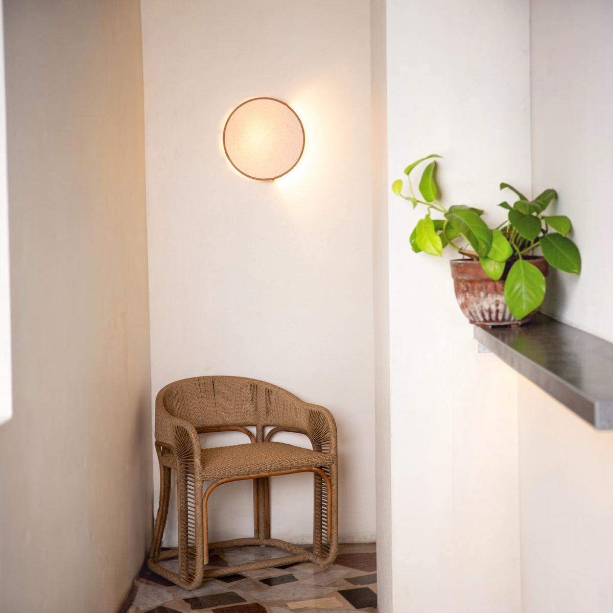 Trieste Circular Linen Wall Sconce - Tan Leather Wall Light Gypset Cargo