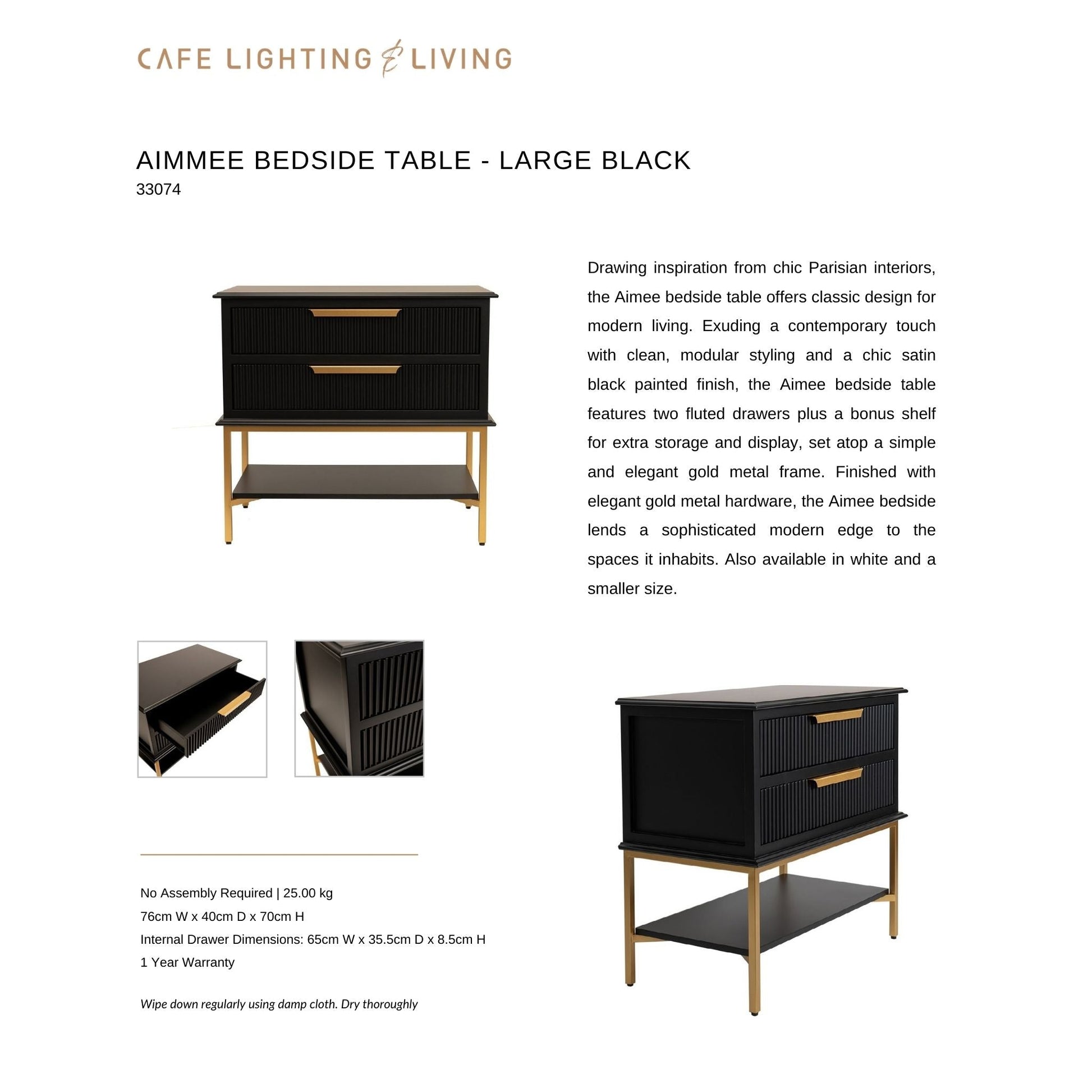 Aimee Large Two Drawer Bedside Table - Black Bedside Table Cafe Lighting & Living   