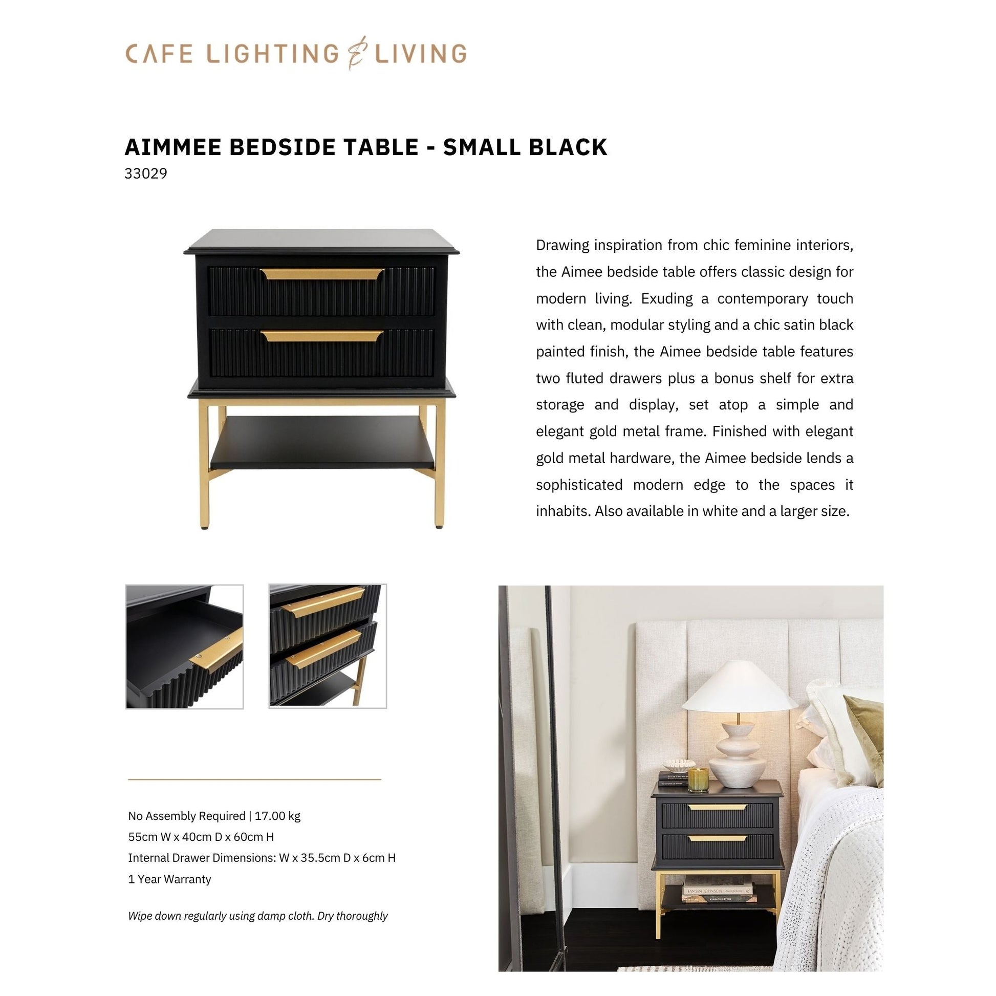 Aimee Small Two Drawer Bedside Table - Black Bedside Table Cafe Lighting & Living   