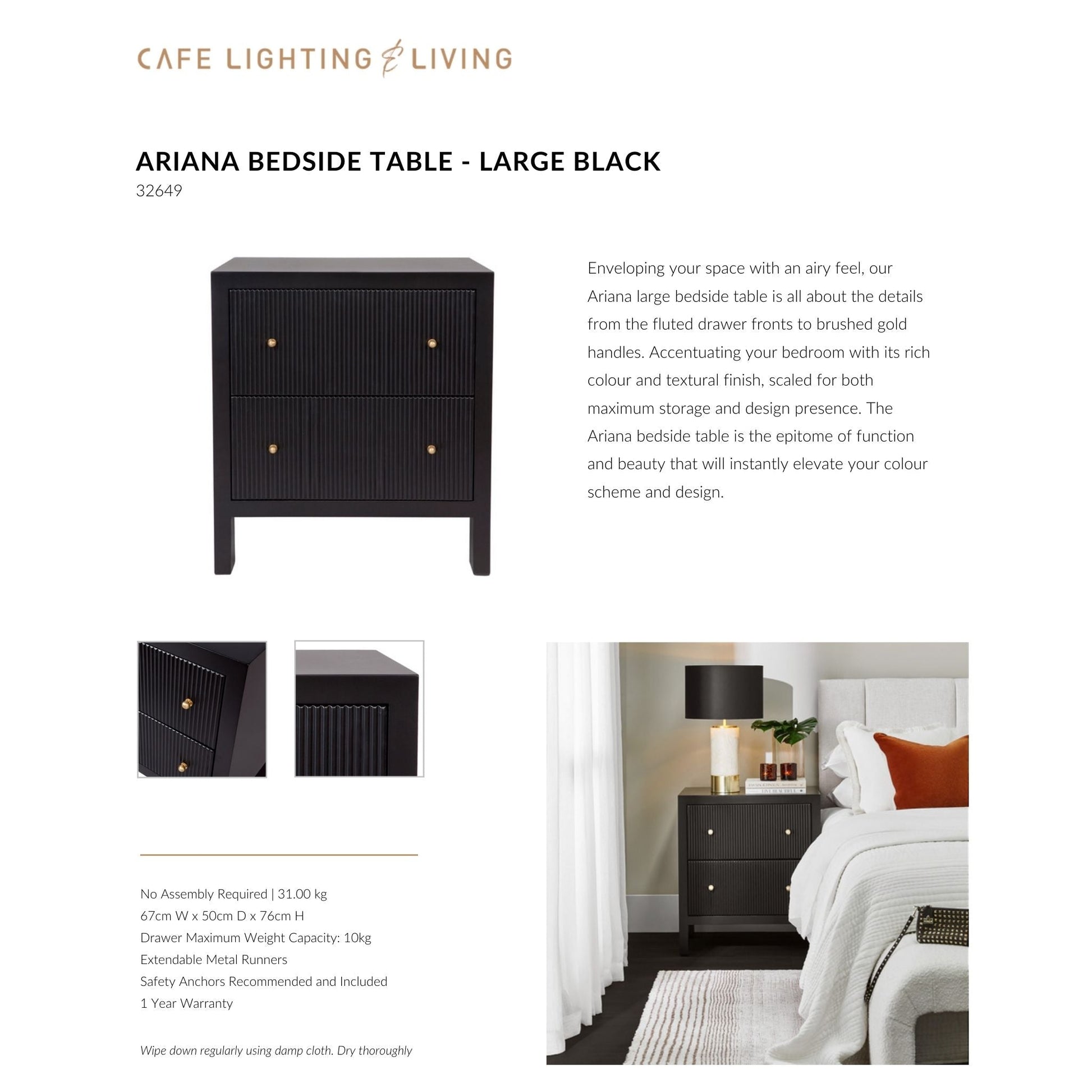 Ariana Large Two Drawer Bedside Table - Black Bedside Table Cafe Lighting & Living   
